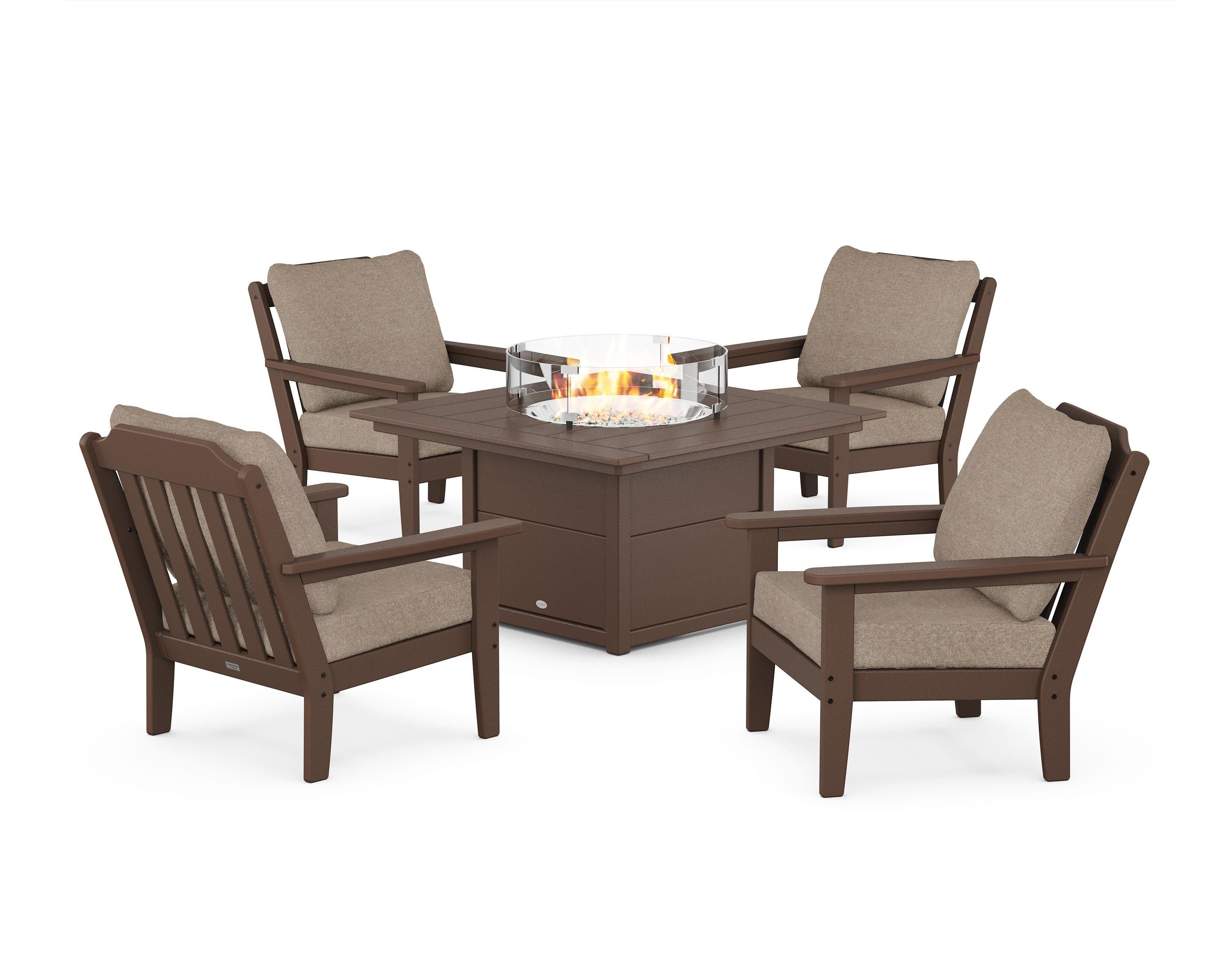 Cottage 5-Piece Deep Seating Set with Fire Pit Table in Mahogany / Spiced Burlap