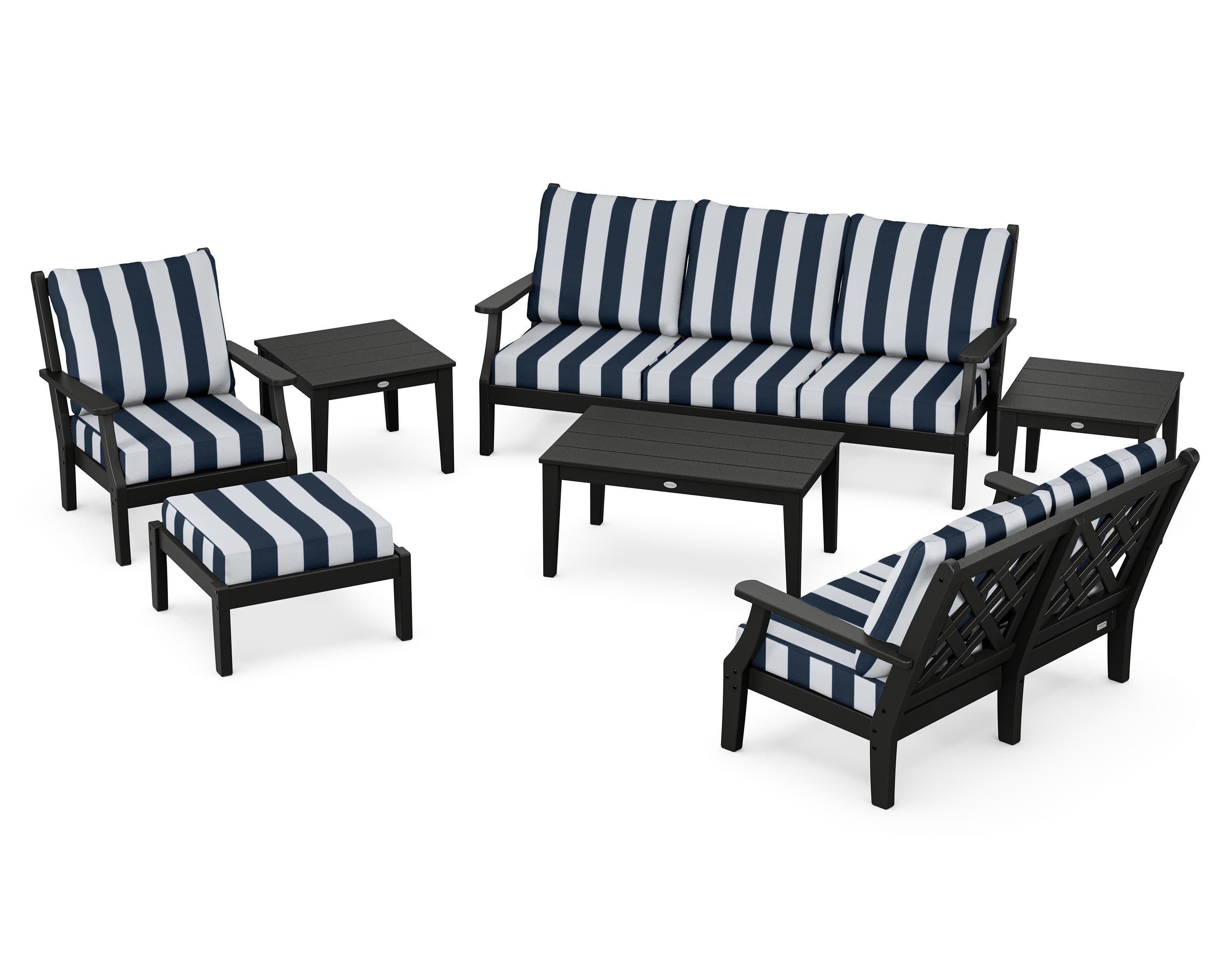 Wovendale 7-Piece Deep Seating Set in Black / Cabana Stripe Marine Indigo