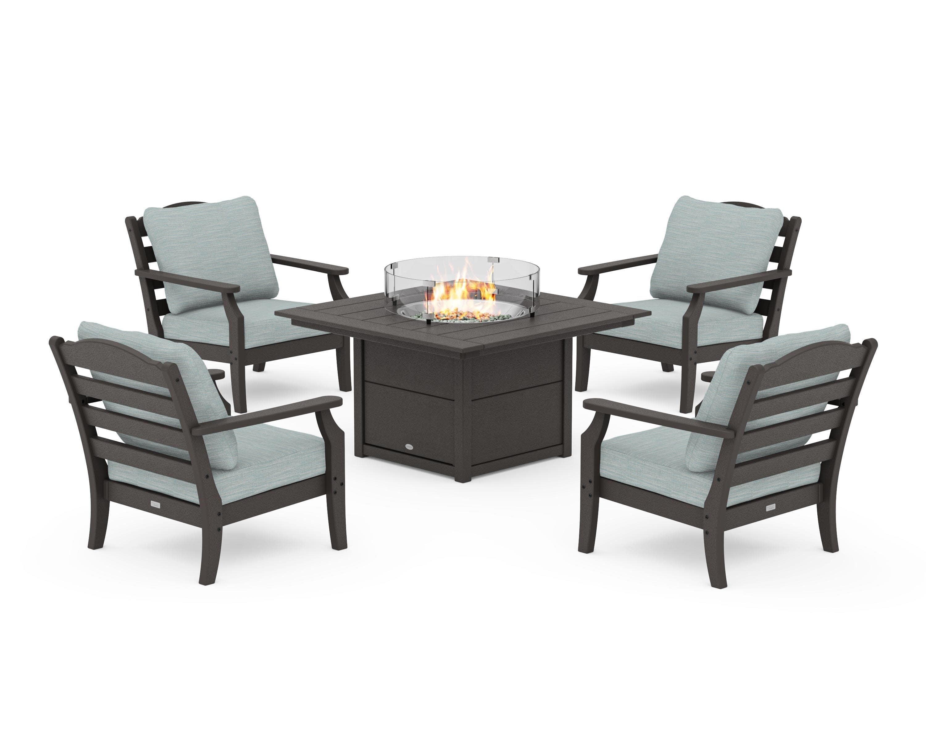 Savannah 5-Piece Deep Seating Set with Fire Pit Table in Vintage Coffee / Soothe Mist