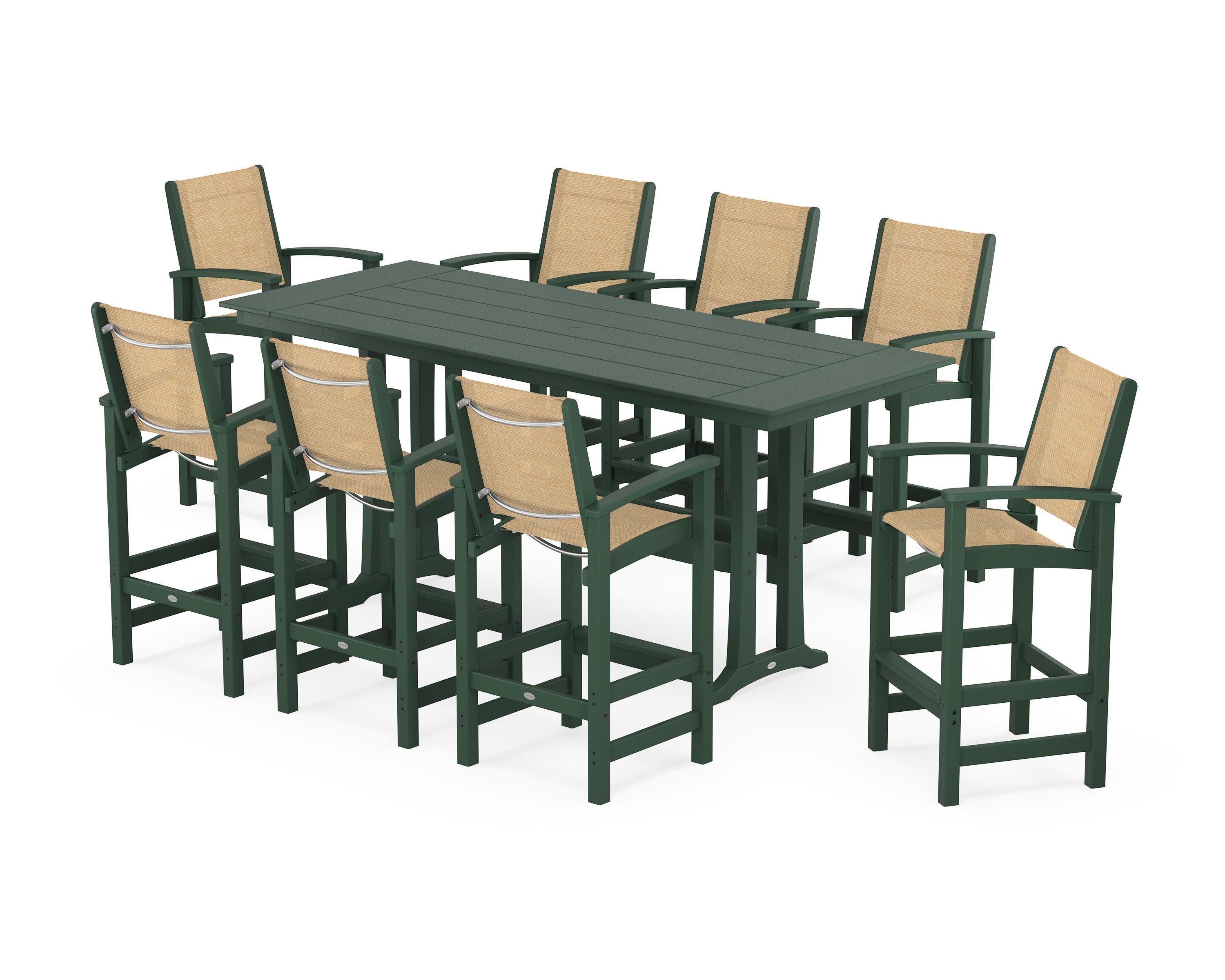Coastal 9-Piece Farmhouse Bar Set with Trestle Legs in Green / Dupioni Apricot Sling