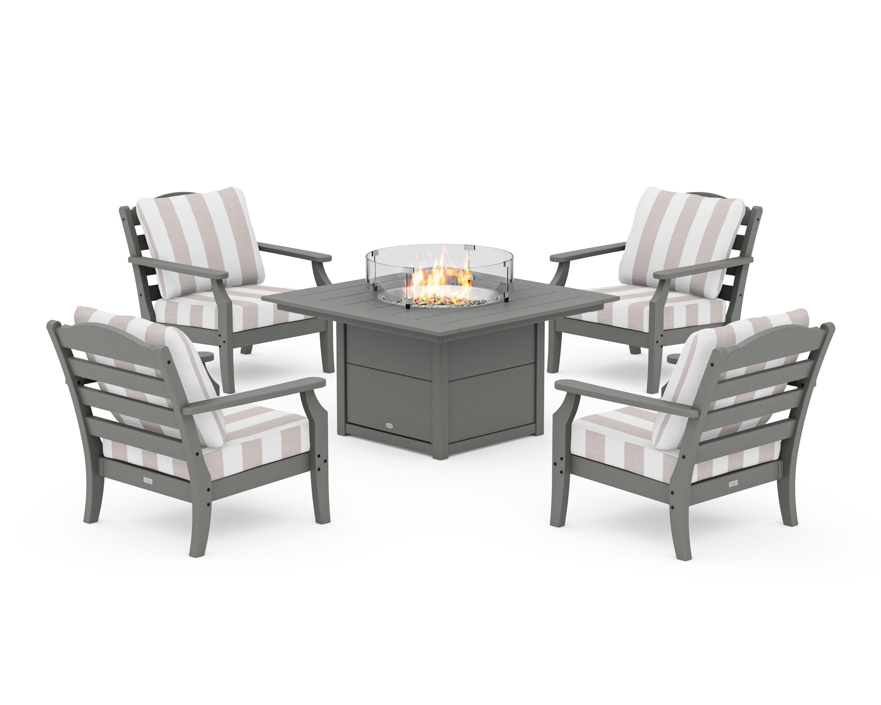 Savannah 5-Piece Deep Seating Set with Fire Pit Table in Slate Grey / Cabana Stripe Dune Burlap