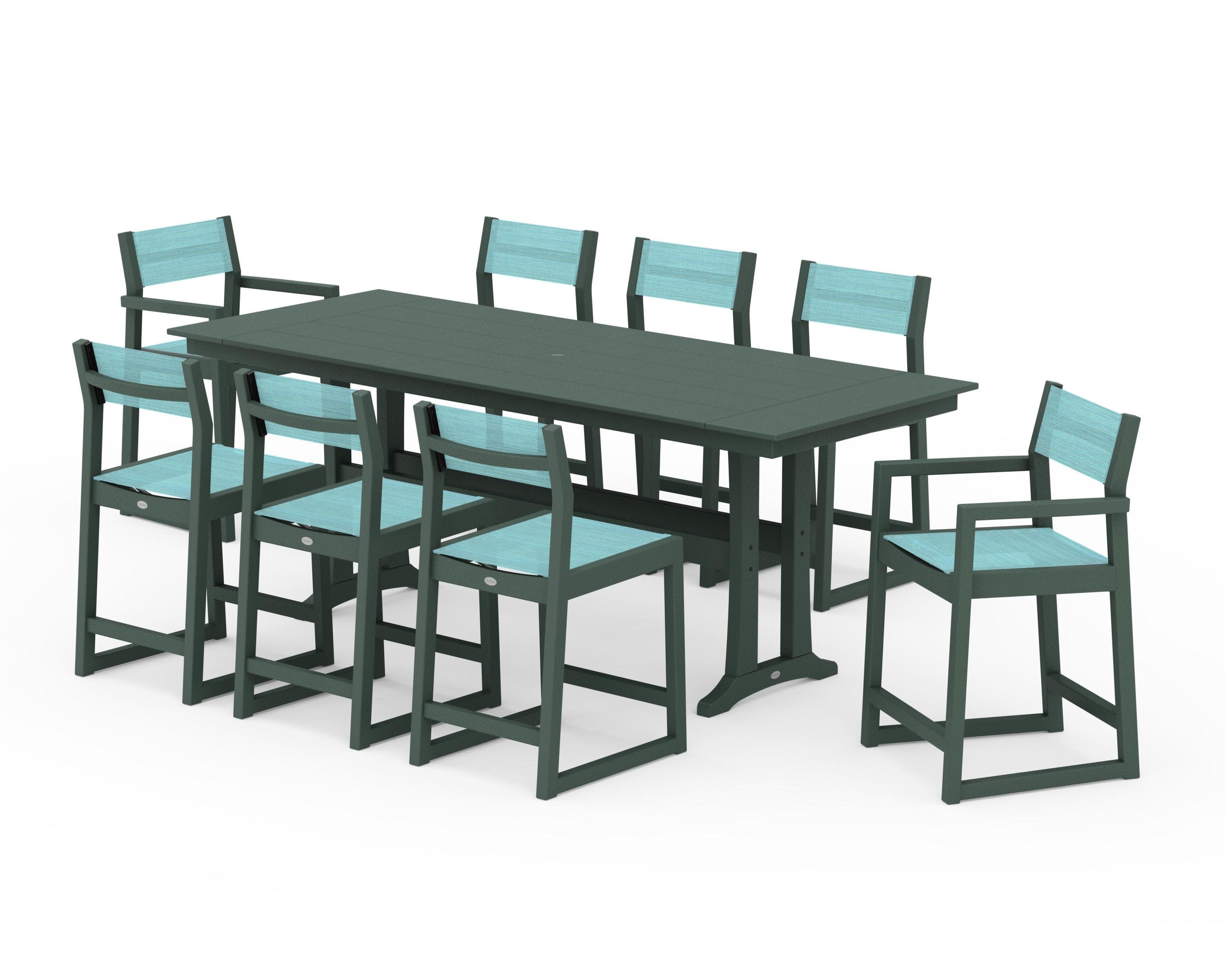 EDGE Sling 9-Piece Farmhouse Counter Set with Trestle Legs in Green / Dupioni Aquamarine Sling