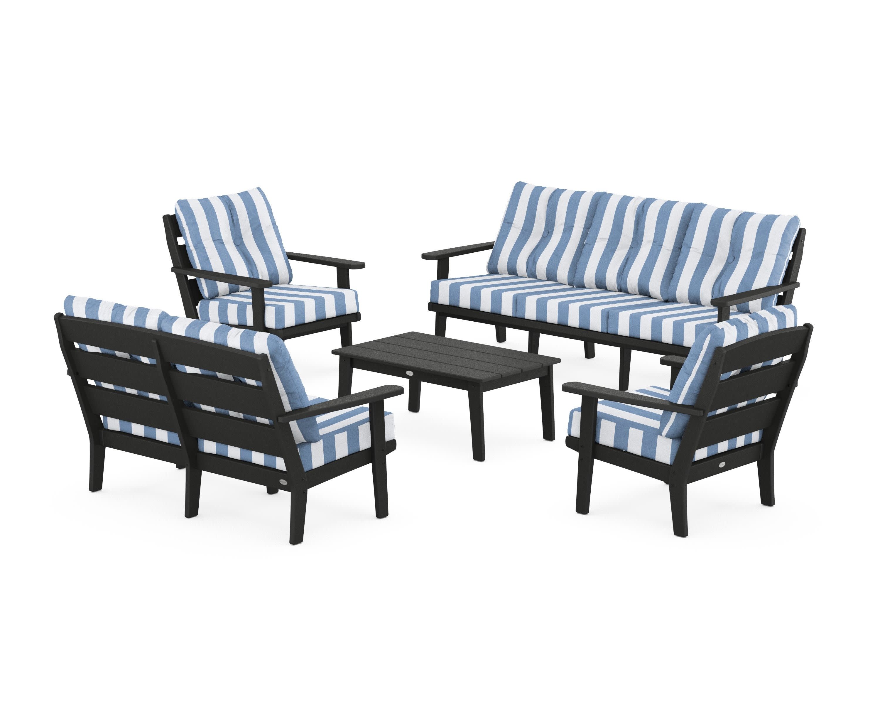 Lakeside 5-Piece Lounge Sofa Set in Black / Cabana Stripe Sky Blue