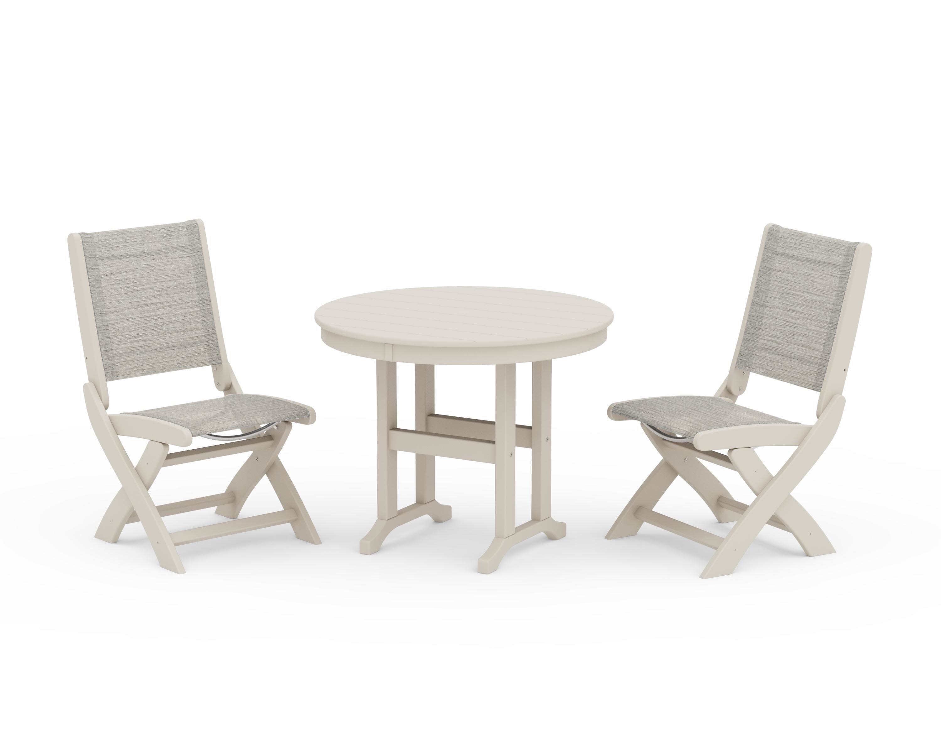 Coastal Folding Side Chair 3-Piece Round Dining Set in Sand / Birch Sling