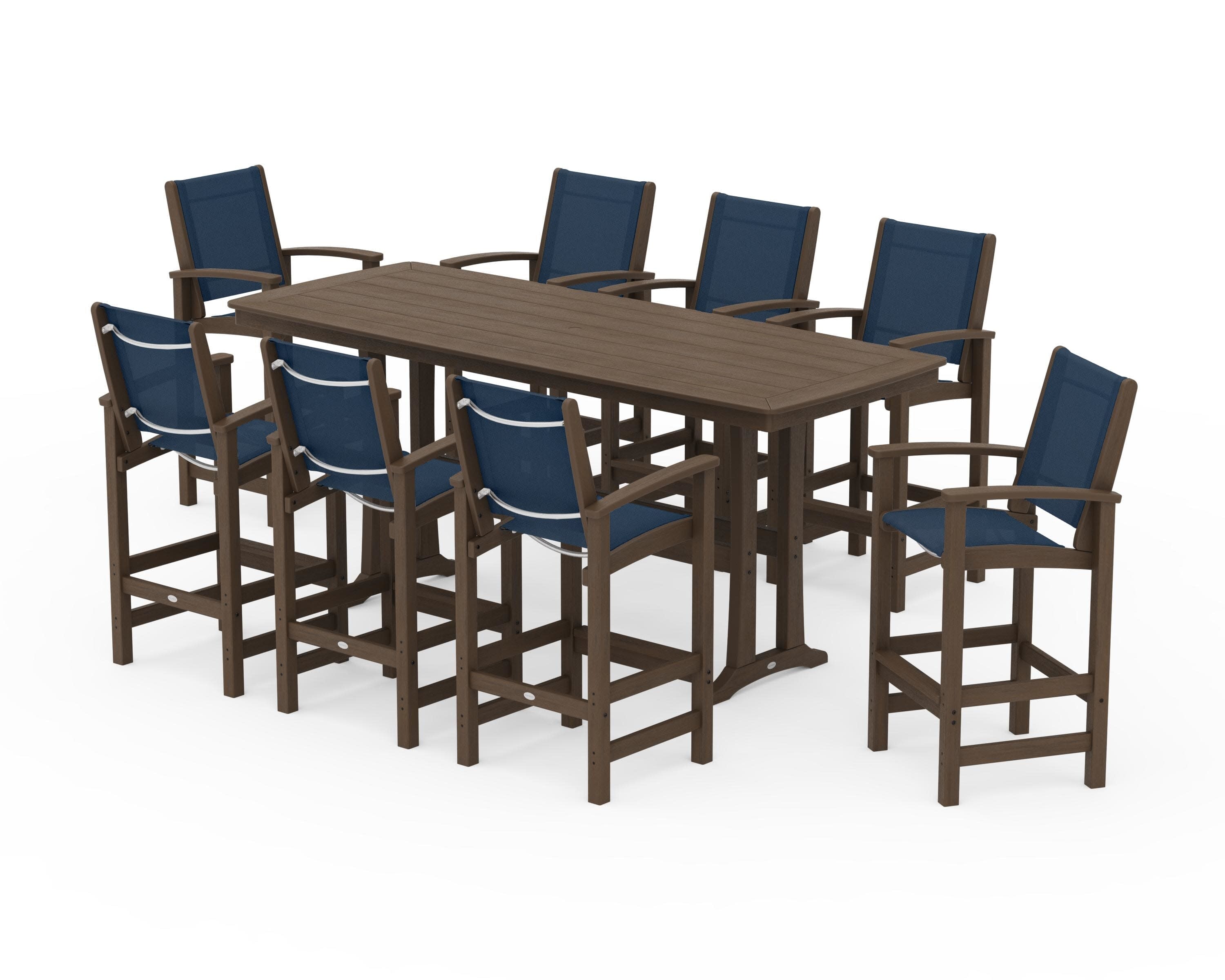 Coastal 9-Piece Bar Set with Trestle Legs in Kona / Navy Blue Sling
