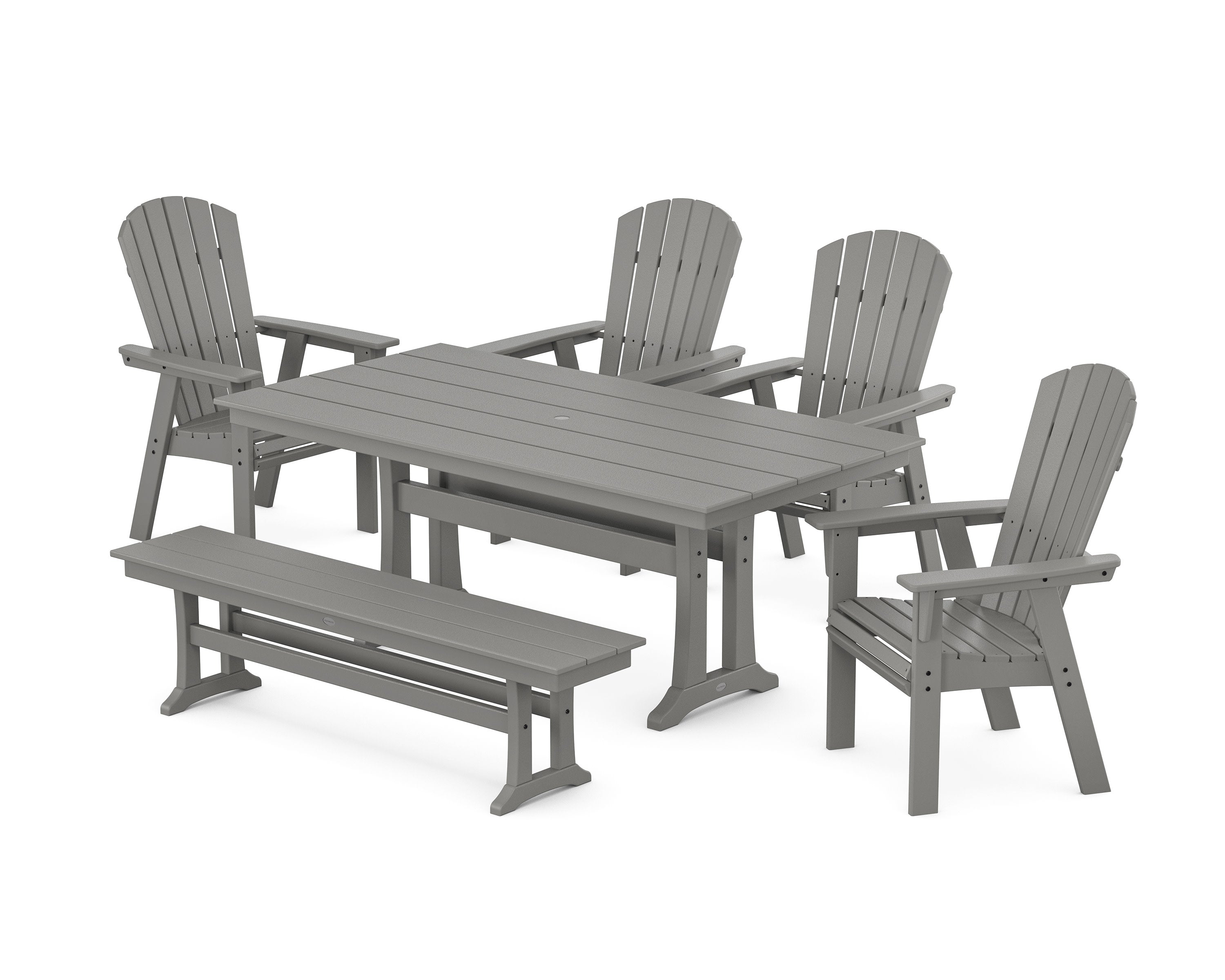 Nautical Curveback Adirondack 6-Piece Farmhouse Dining Set with Trestle Legs and Bench in Slate Grey