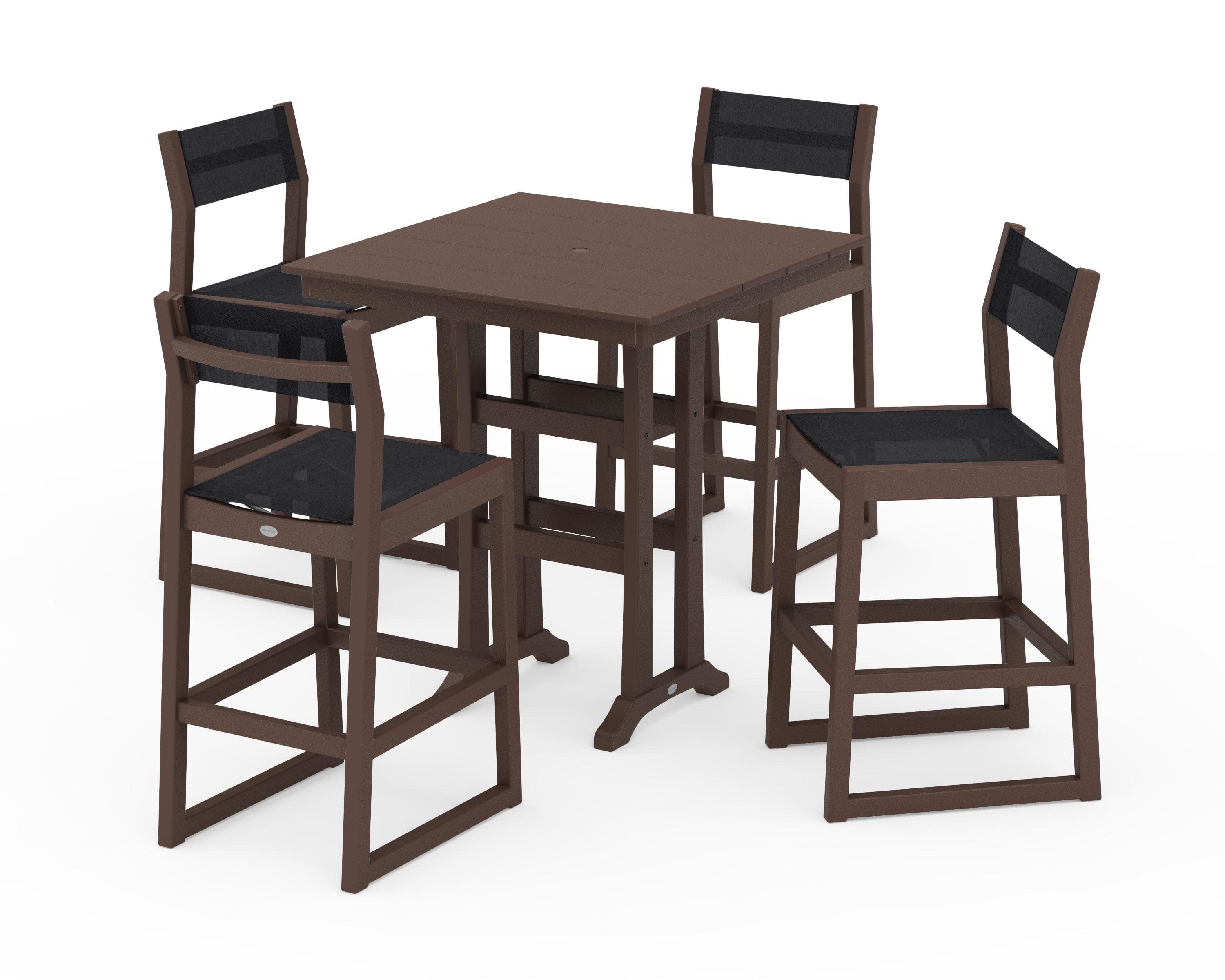 EDGE Sling Arm Chair 5-Piece Farmhouse Bar Set with Trestle Legs in Mahogany / Black Sling