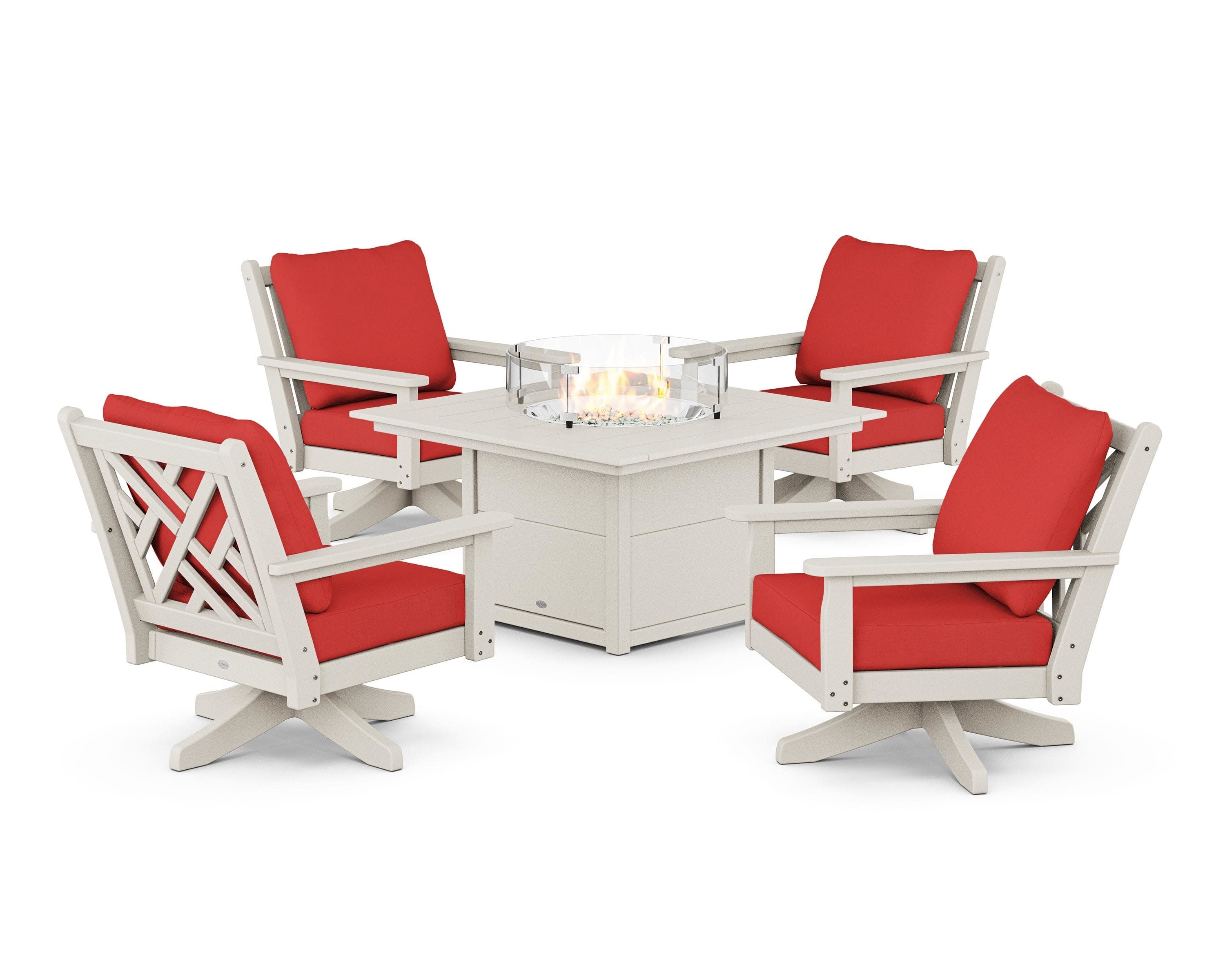 Chippendale 5-Piece Deep Seating Swivel Conversation Set with Fire Pit Table in Sand / Crimson Linen