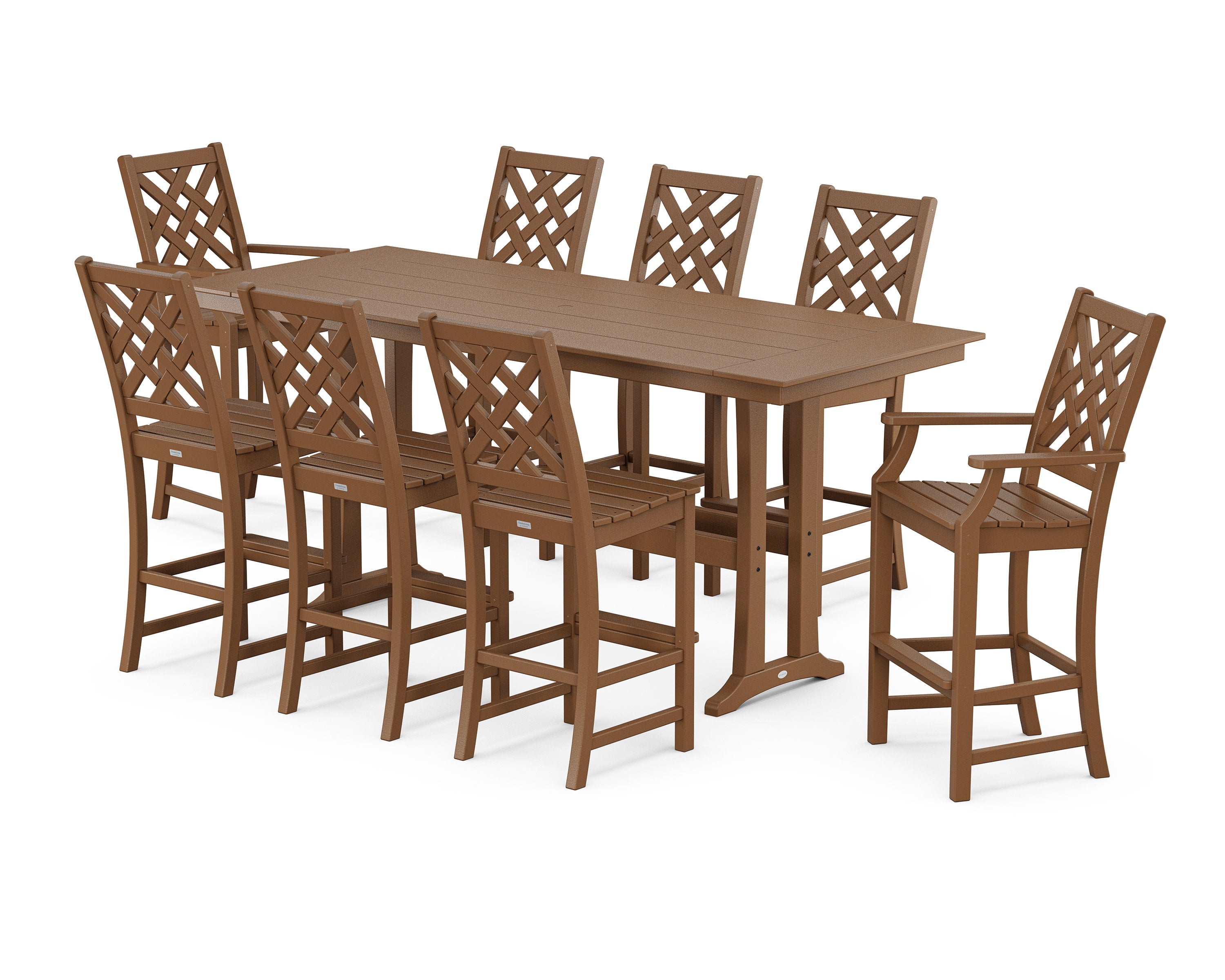 Wovendale 9-Piece Farmhouse Bar Set with Trestle Legs in Teak