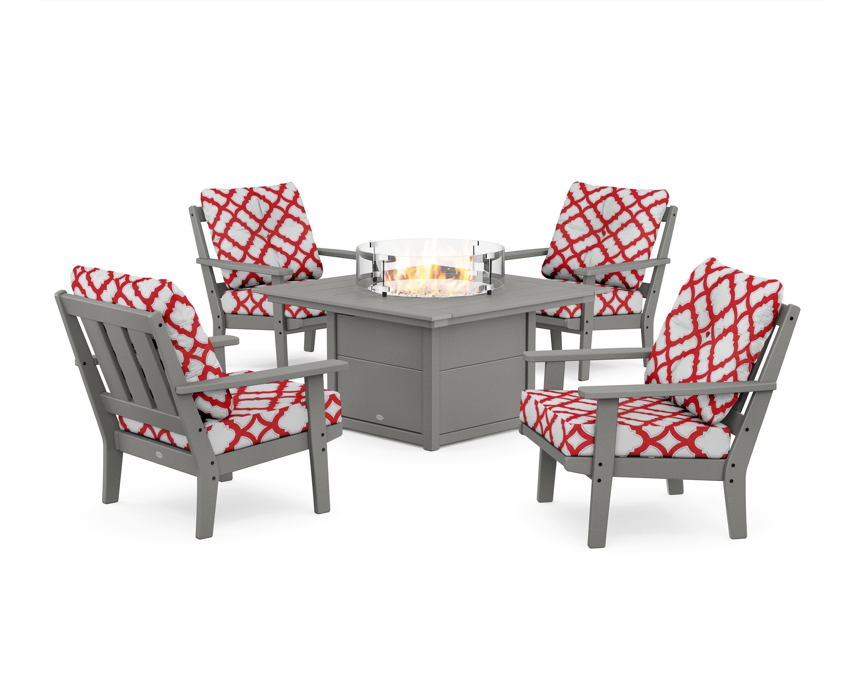 Oxford 5-Piece Deep Seating Set with Fire Pit Table in Slate Grey / Trellis Crimson