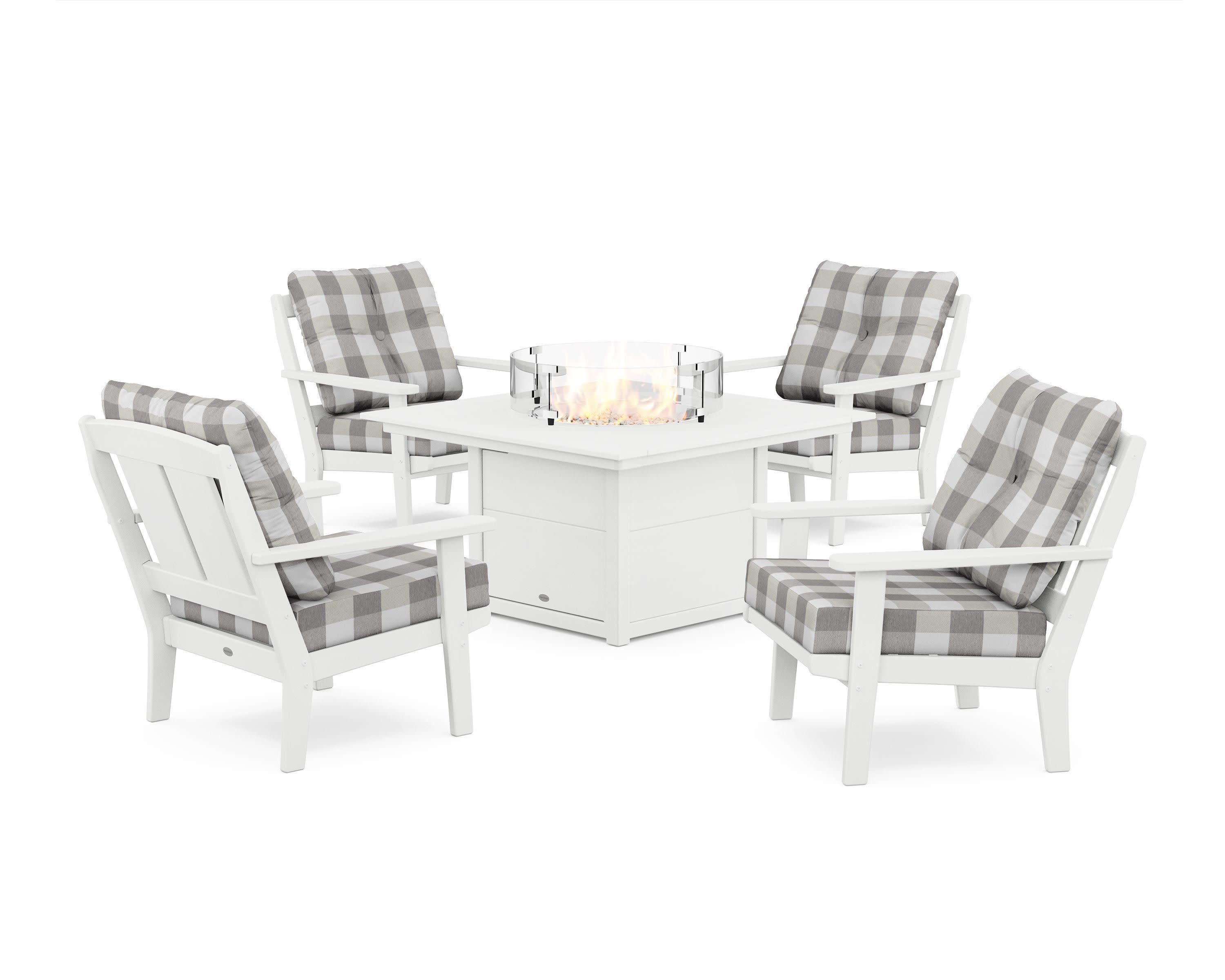 Mission 5-Piece Deep Seating Set with Fire Pit Table in White / Buffalo Plaid Grey Mist