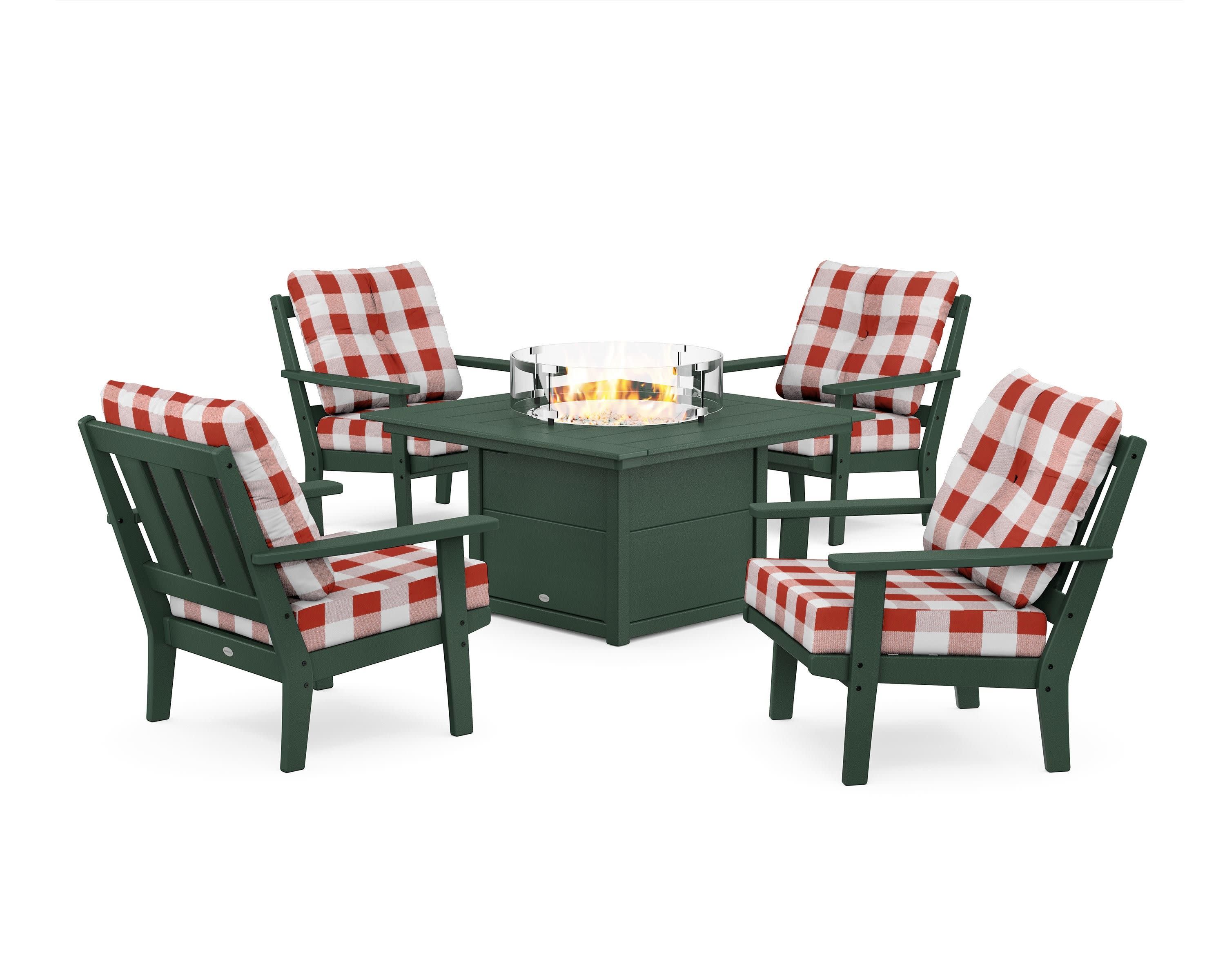 Oxford 5-Piece Deep Seating Set with Fire Pit Table in Green / Buffalo Plaid Crimson