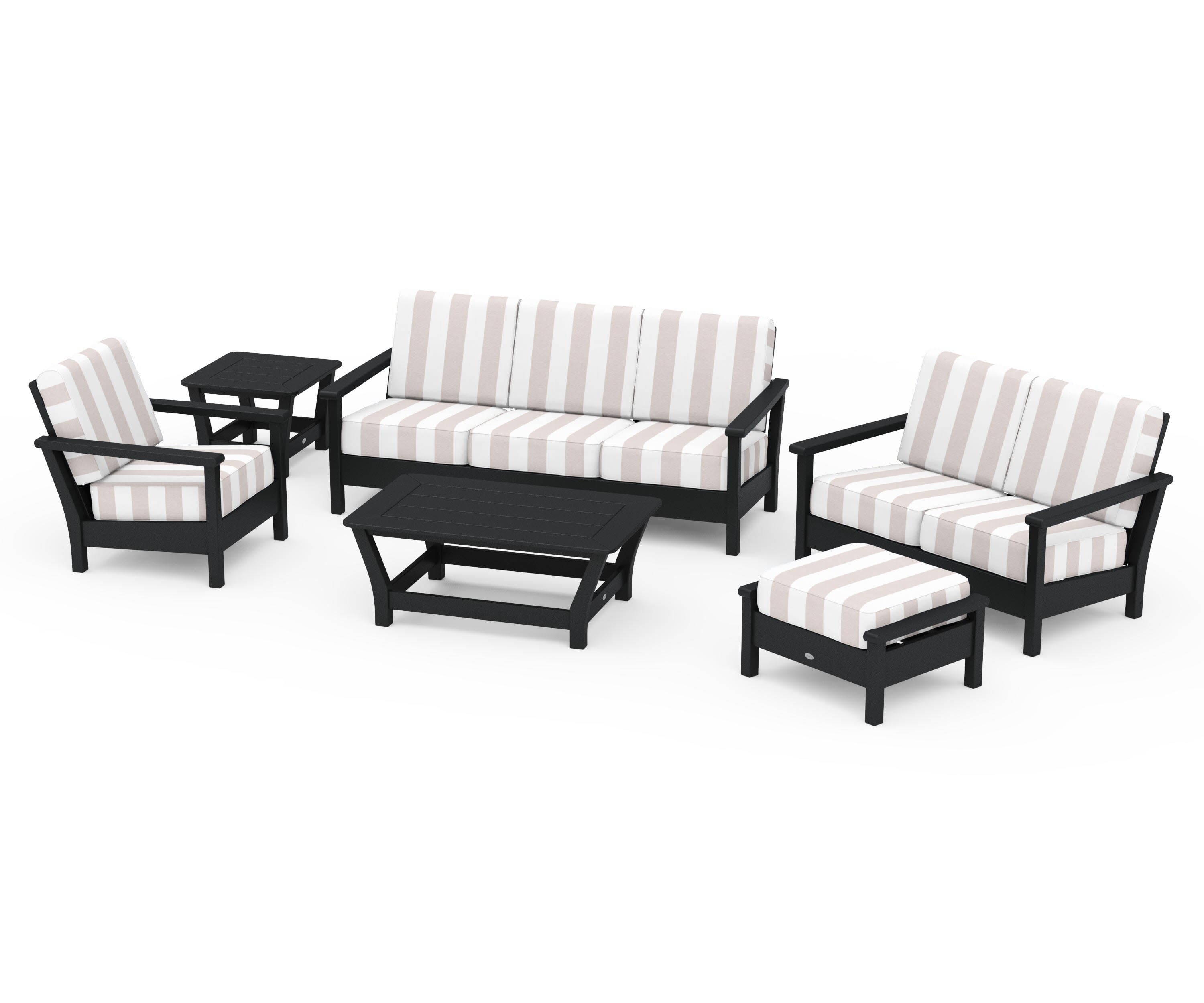 Harbour 6-Piece Outdoor Living Set in Black / Cabana Stripe Dune Burlap