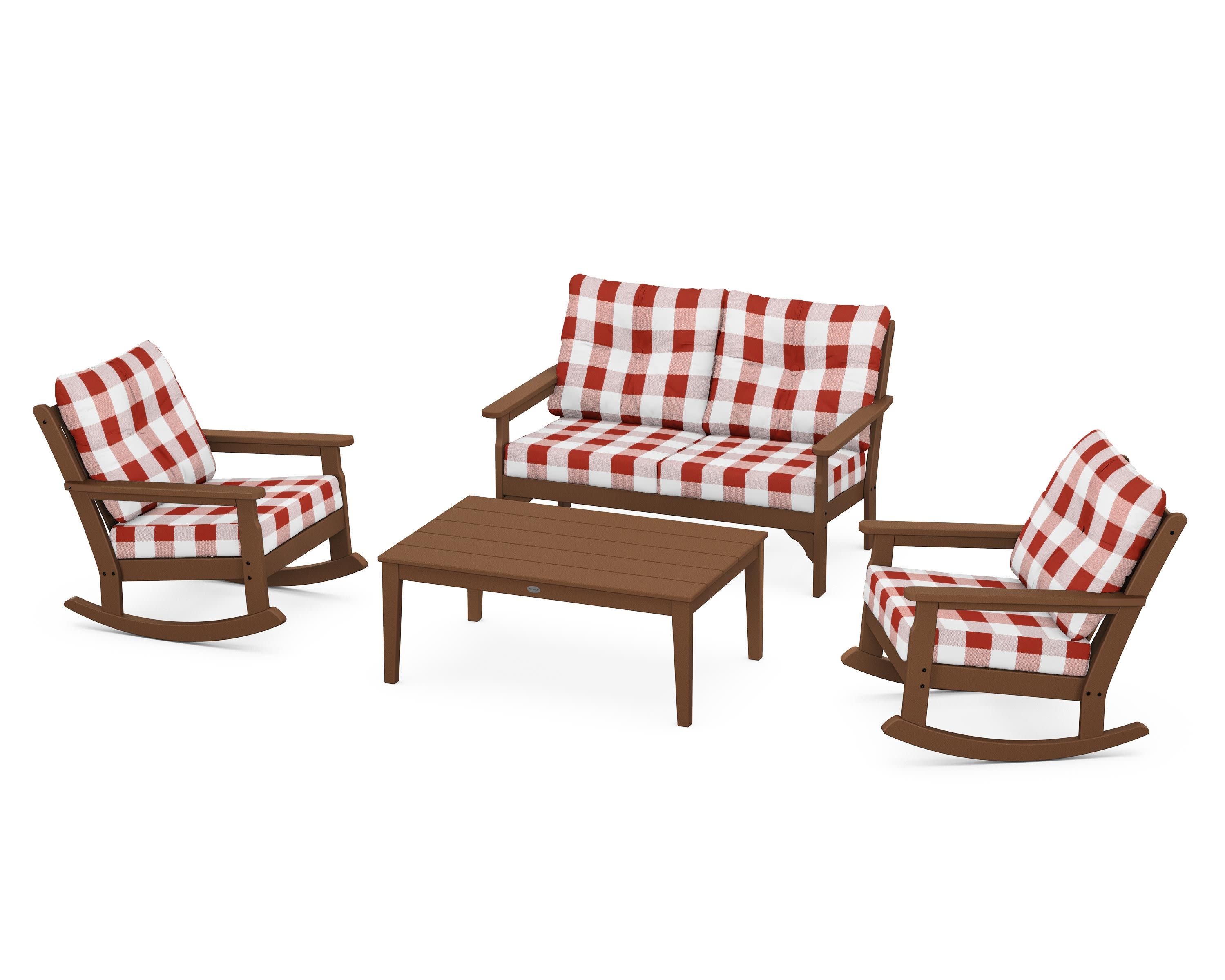 Vineyard 4-Piece Deep Seating Rocking Chair Set in Teak / Buffalo Plaid Crimson
