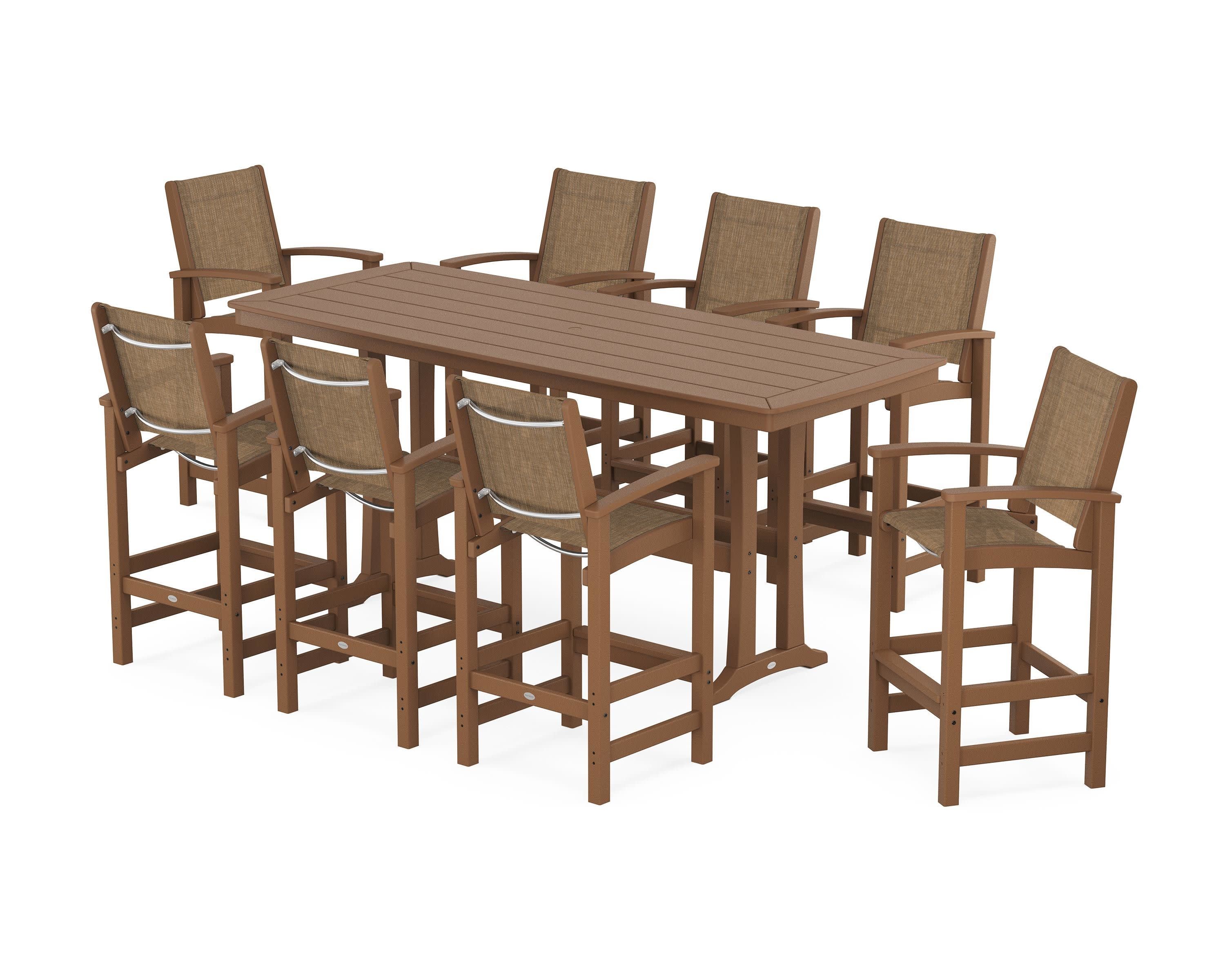 Coastal 9-Piece Bar Set with Trestle Legs in Teak / Burlap Sling