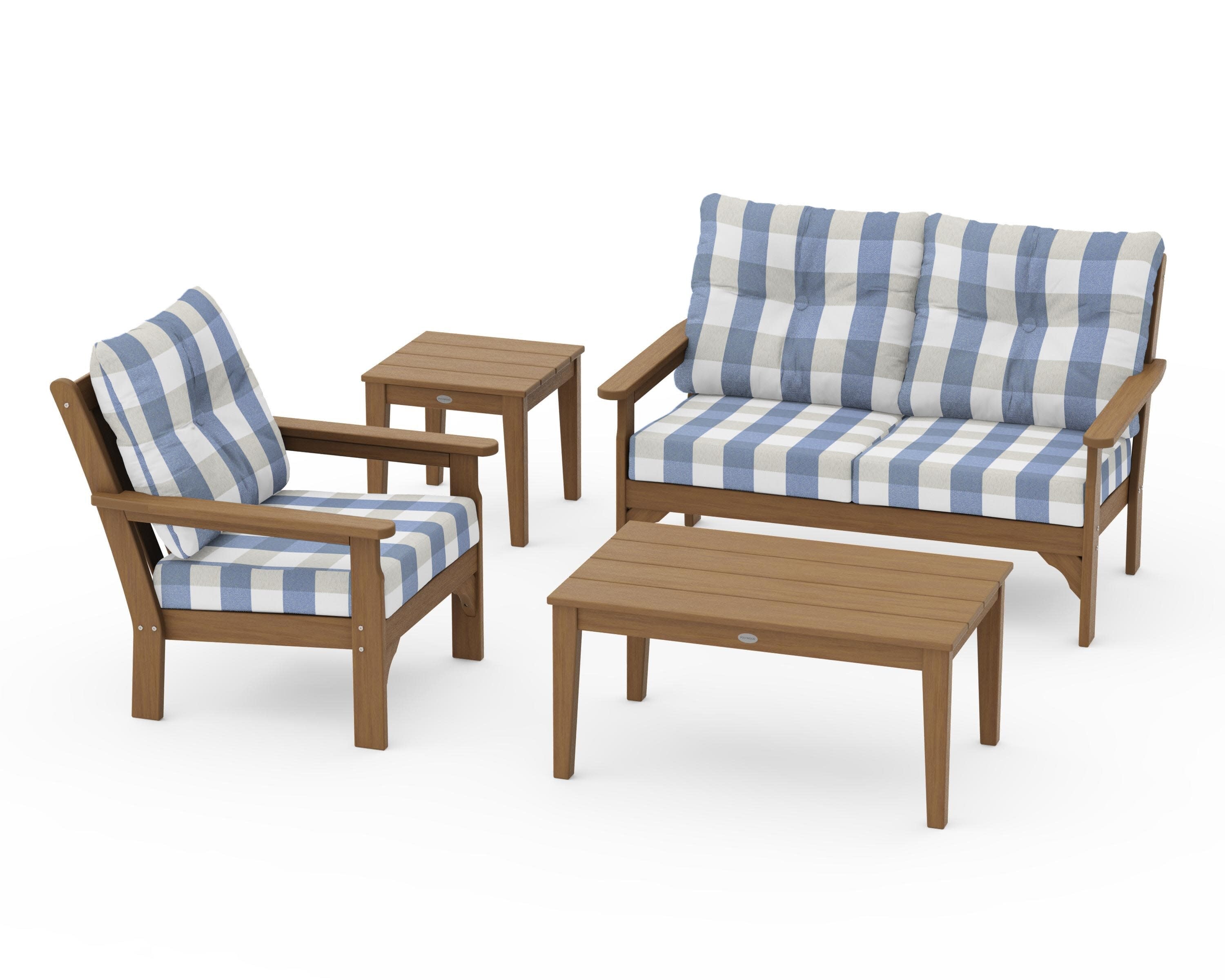 Vineyard 4-Piece Deep Seating Set in Natural / Buffalo Plaid Sky Blue
