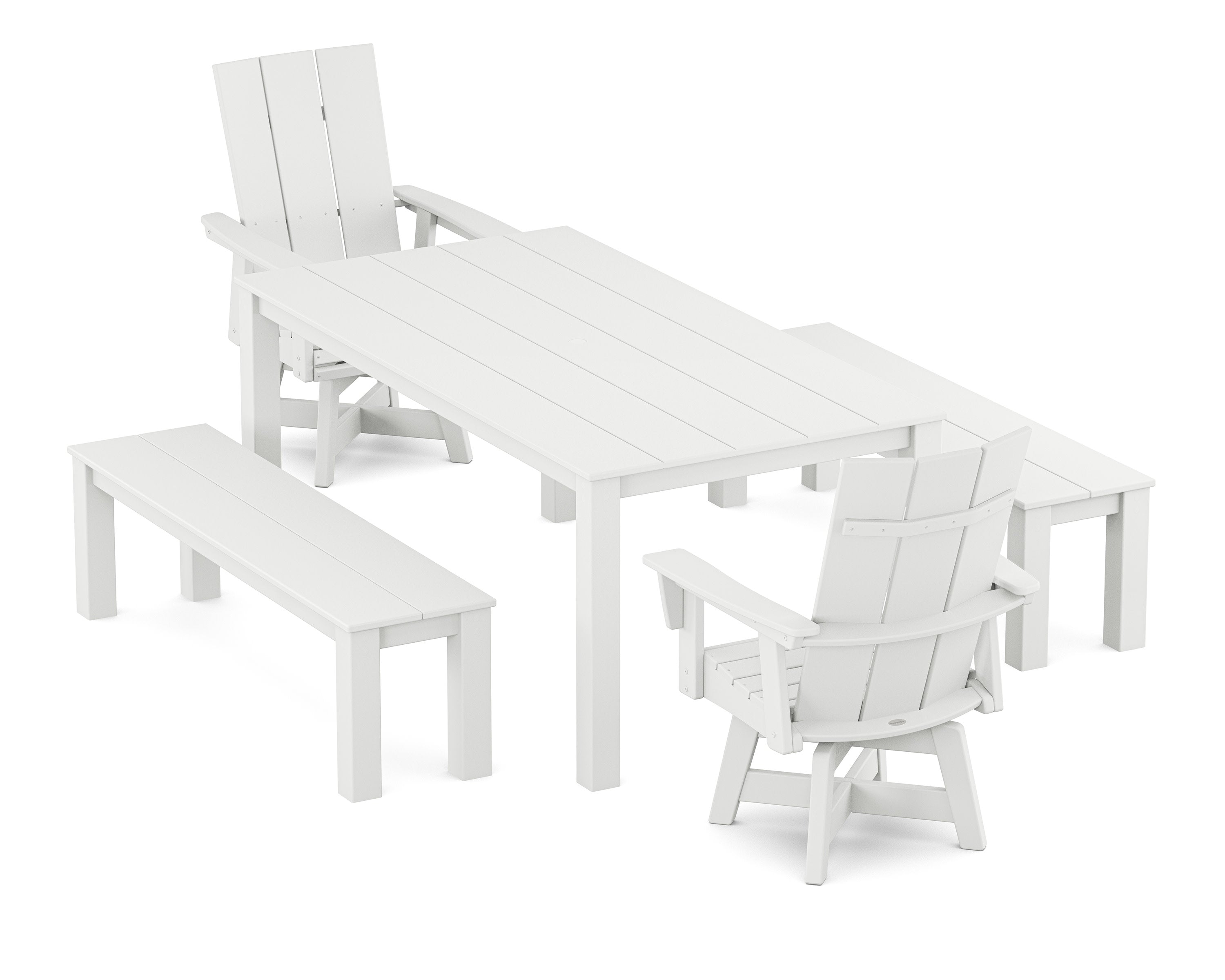 Modern Curveback Adirondack 5-Piece Parsons Swivel Dining Set with Benches in White
