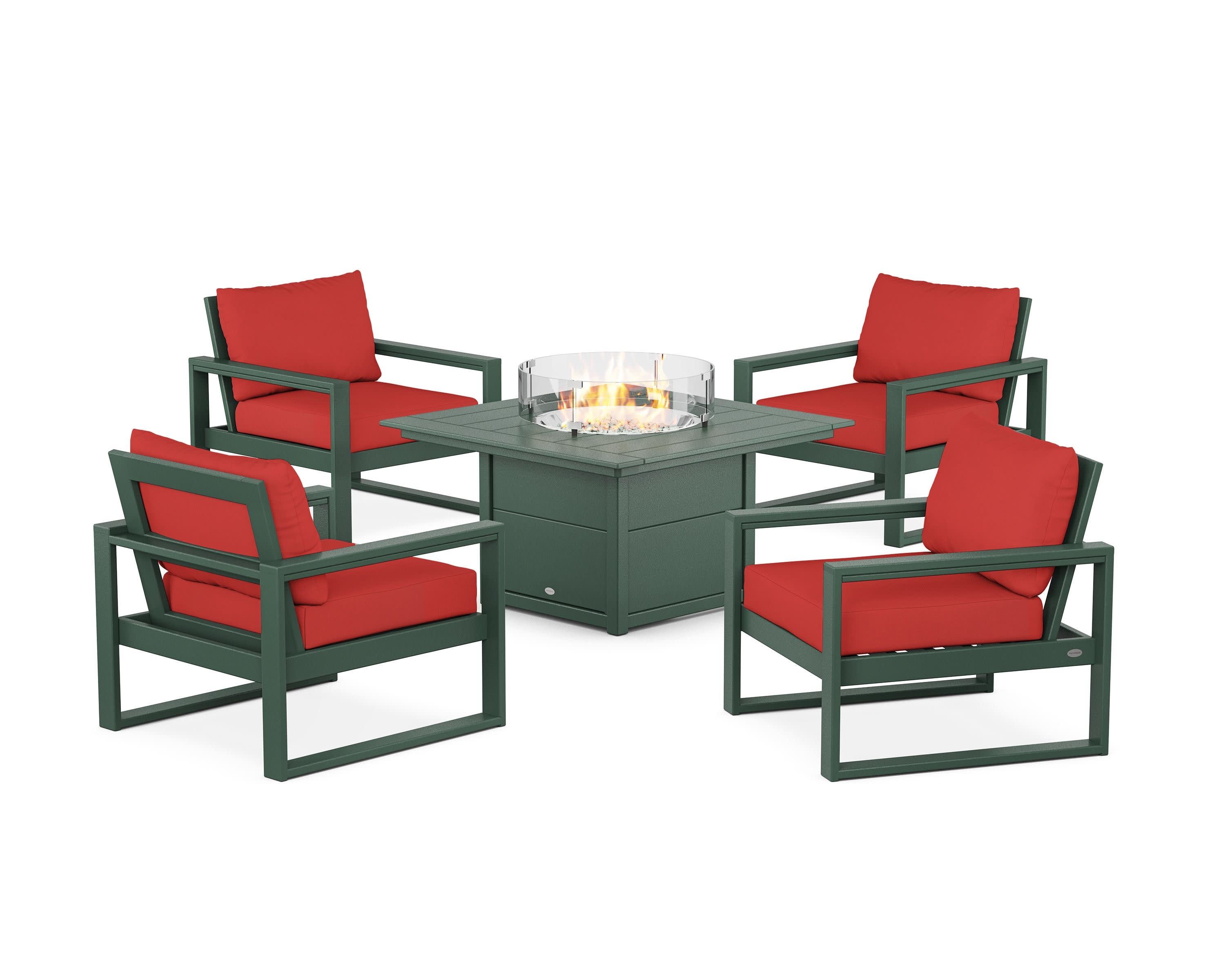 EDGE Sectional 5-Piece Deep Seating Set with Fire Pit Table in Green / Crimson Linen