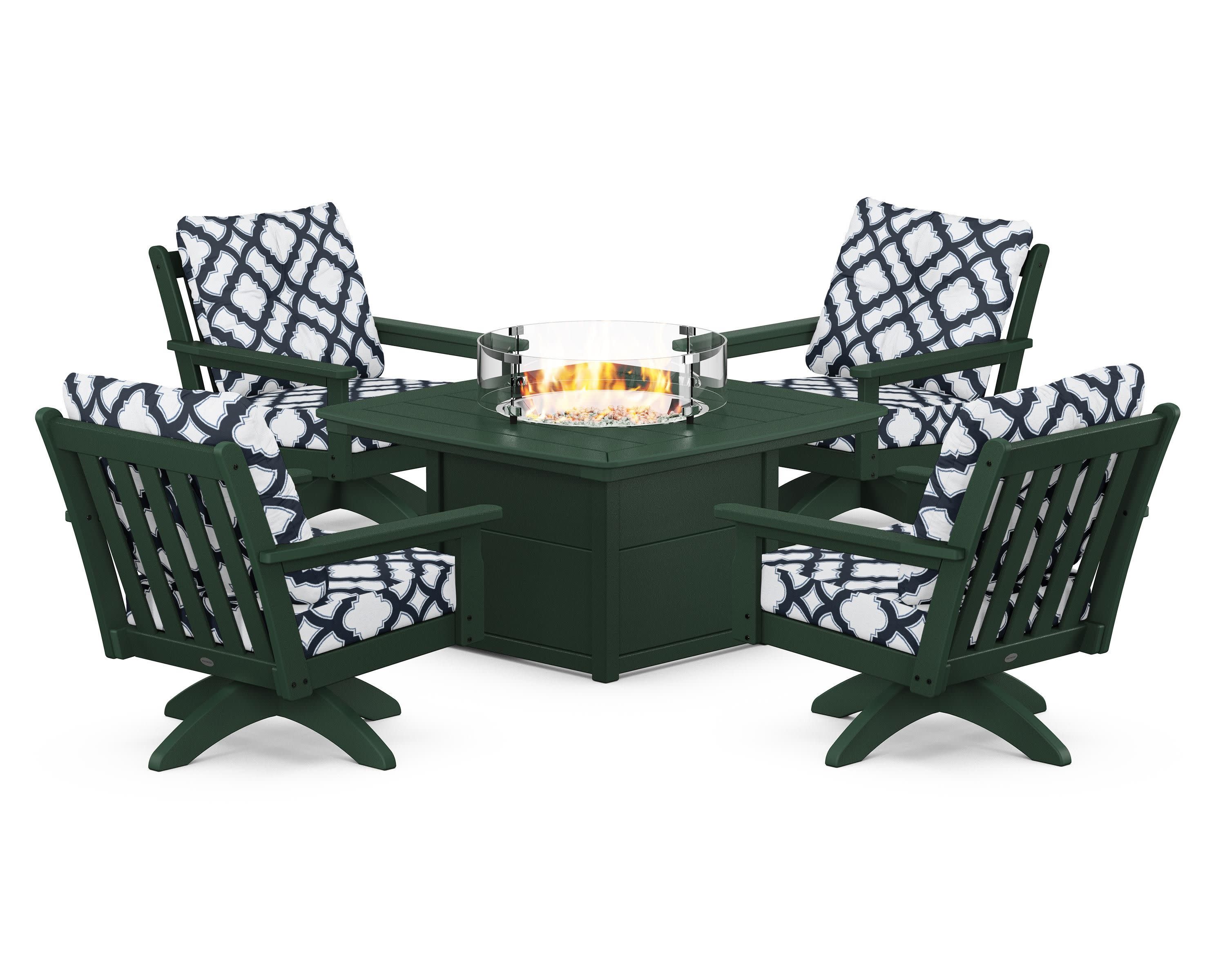 Vineyard 5-Piece Deep Seating Swivel Conversation Set with Fire Pit Table in Green / Trellis Marine Indigo