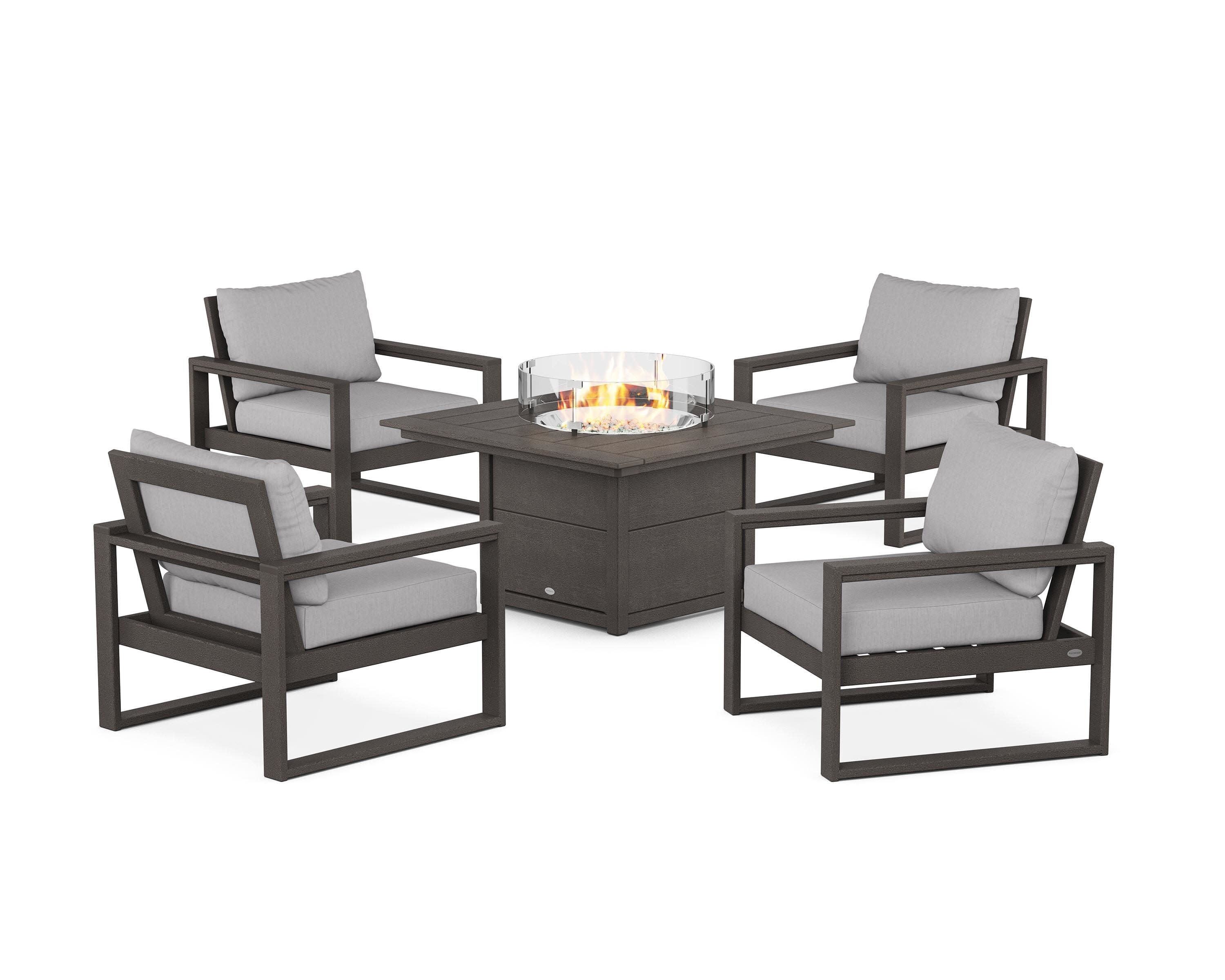 EDGE Sectional 5-Piece Deep Seating Set with Fire Pit Table in Vintage Coffee / Granite