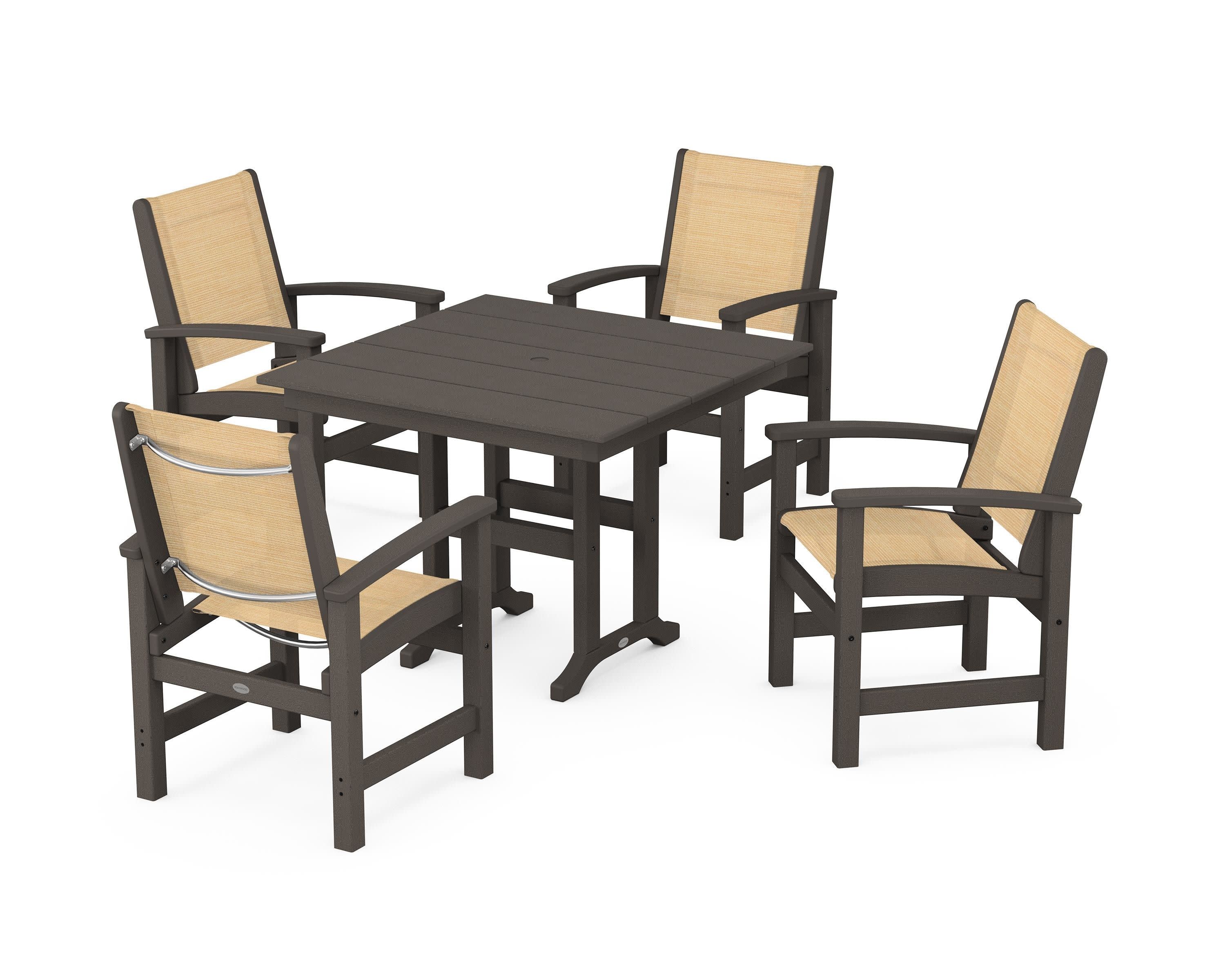 Coastal 5-Piece Farmhouse Dining Set in Vintage Coffee / Dupioni Apricot Sling