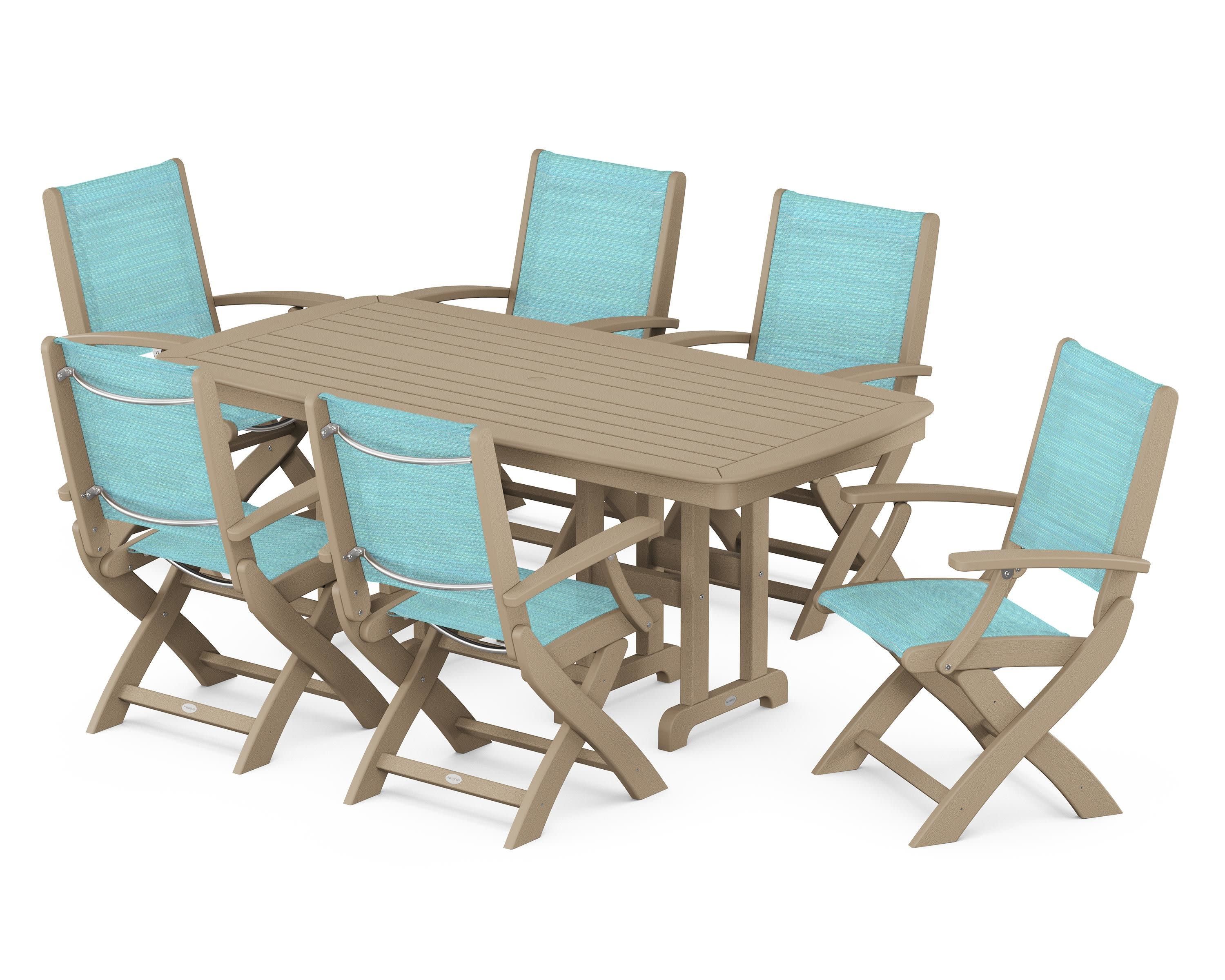 Coastal Folding Arm Chair 7-Piece Dining Set in Vintage Sahara / Dupioni Aquamarine Sling