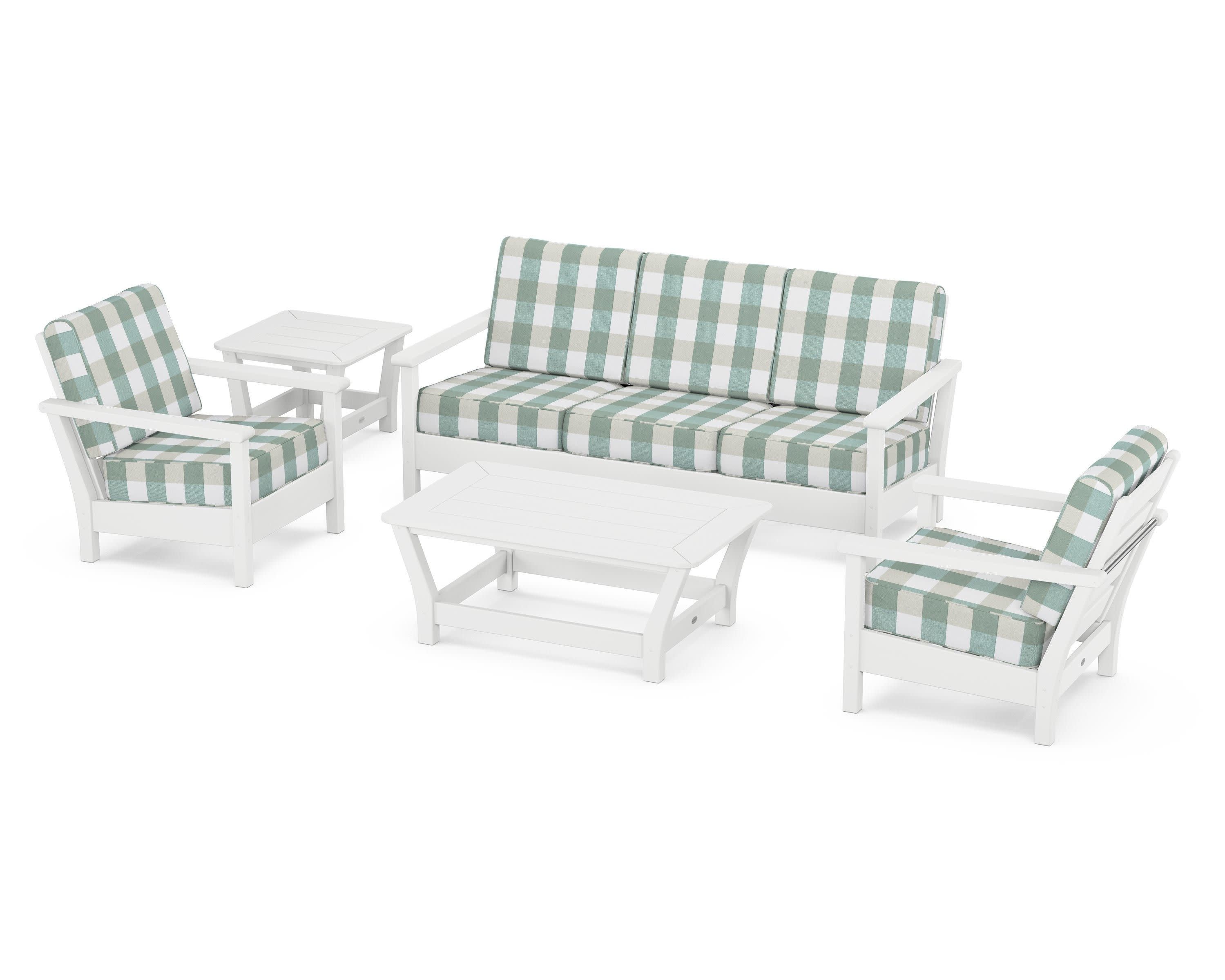 Harbour 5-Piece Deep Seating Set in White / Buffalo Plaid Glacier Spa