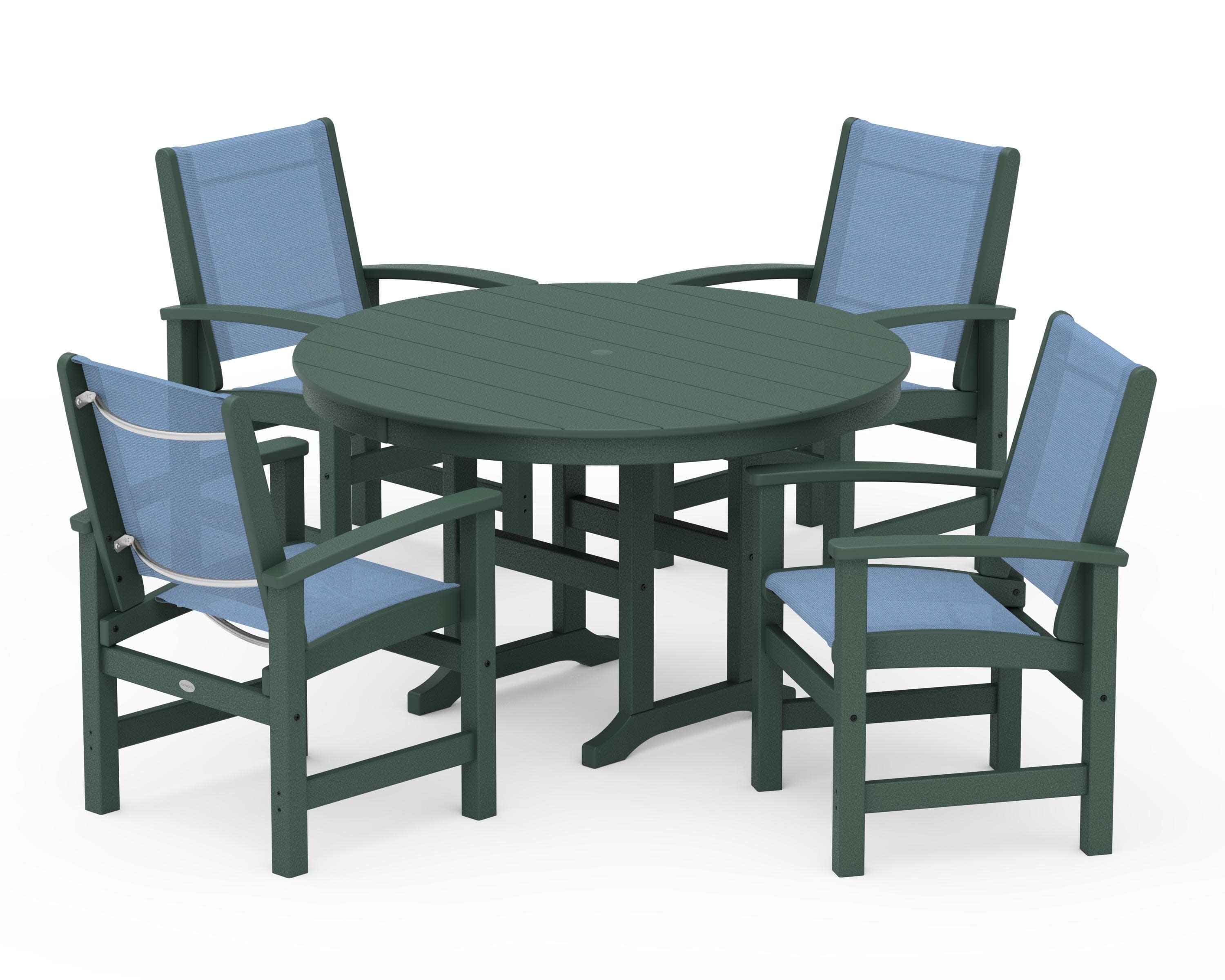 Coastal 5-Piece Round Farmhouse Dining Set in Green / Poolside Sling