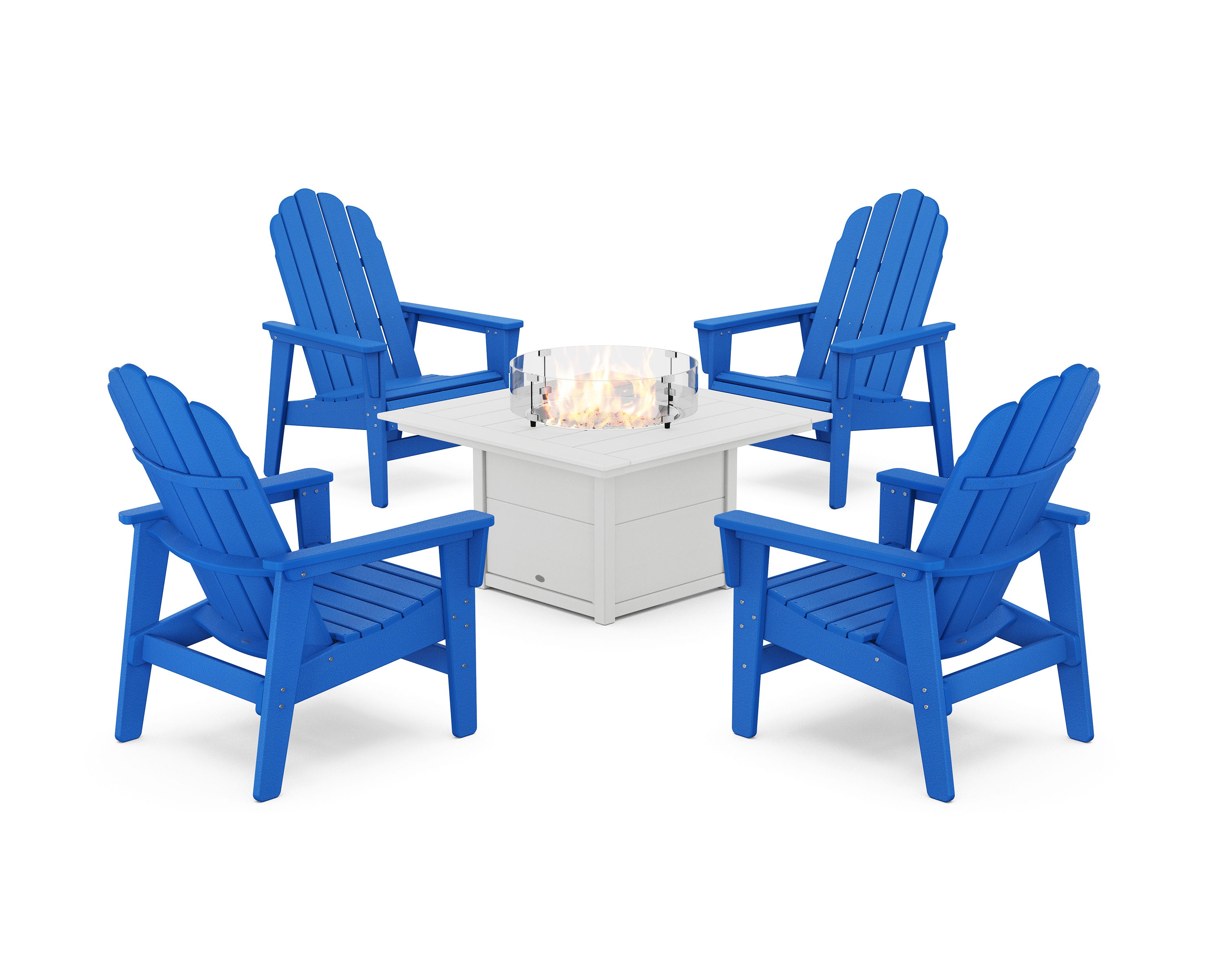 5-Piece Vineyard Grand Upright Adirondack Conversation Set with Fire Pit Table in Pacific Blue / White