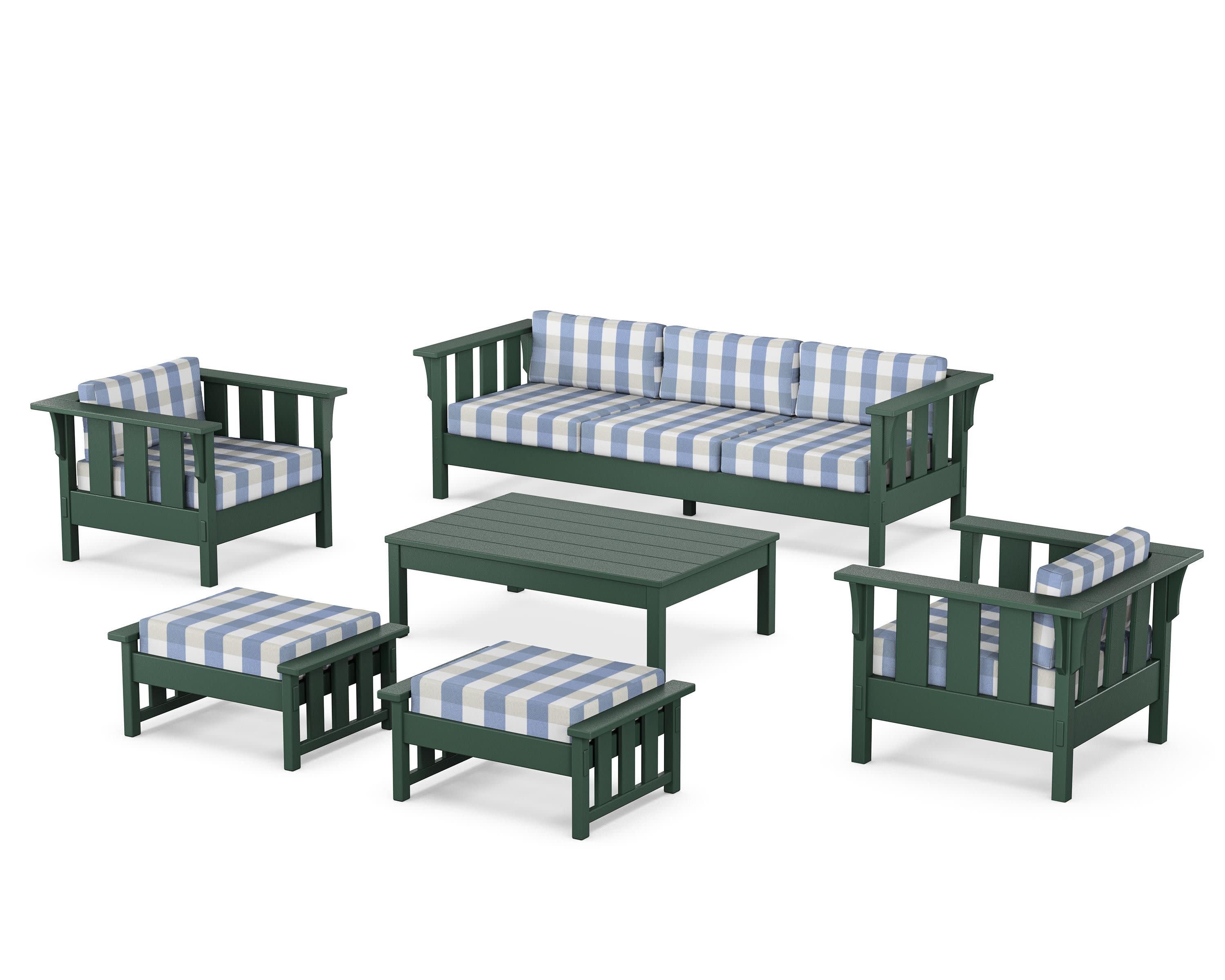 Acadia 6-Piece Lounge Sofa Set in Green / Buffalo Plaid Sky Blue