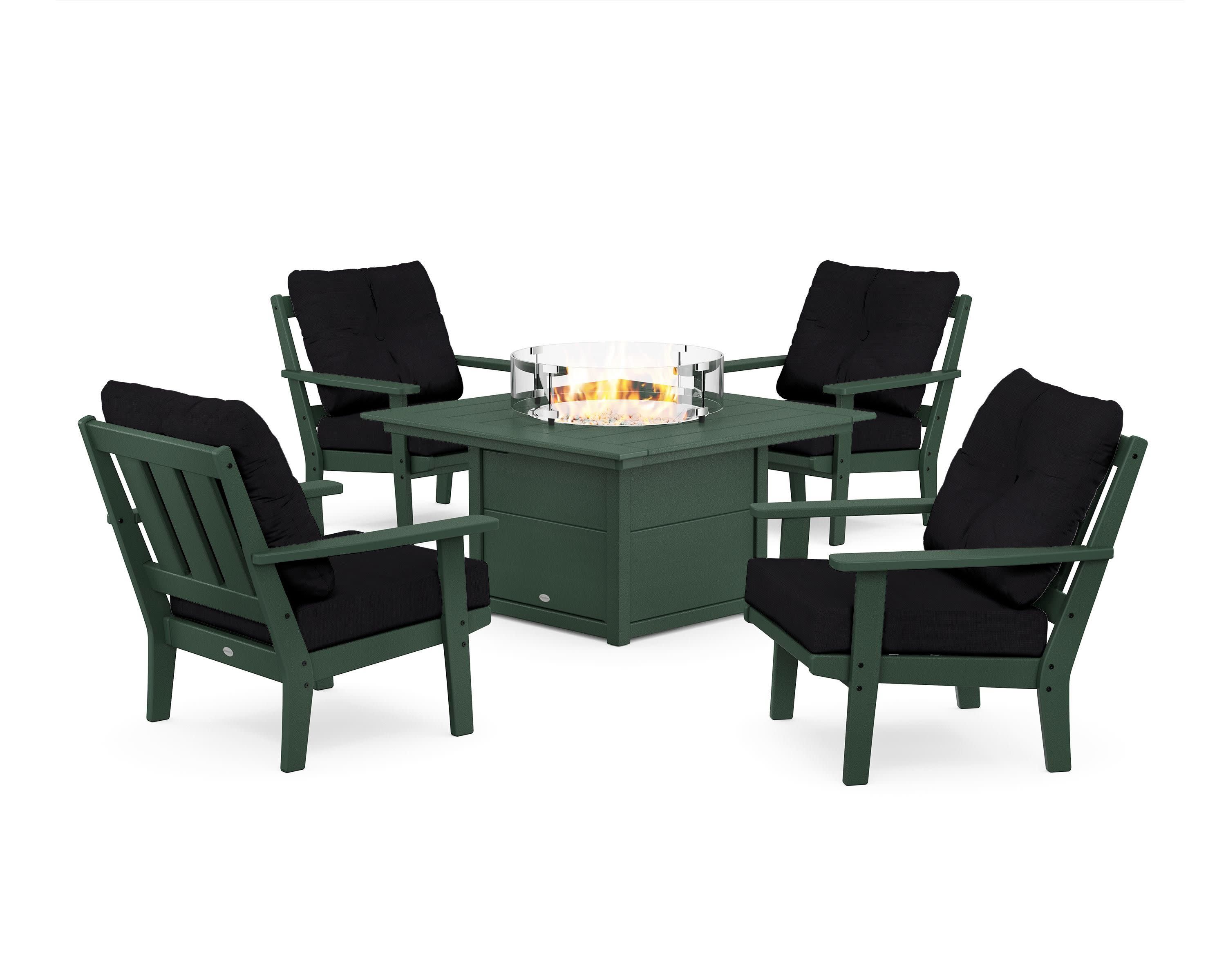 Oxford 5-Piece Deep Seating Set with Fire Pit Table in Green / Midnight Linen