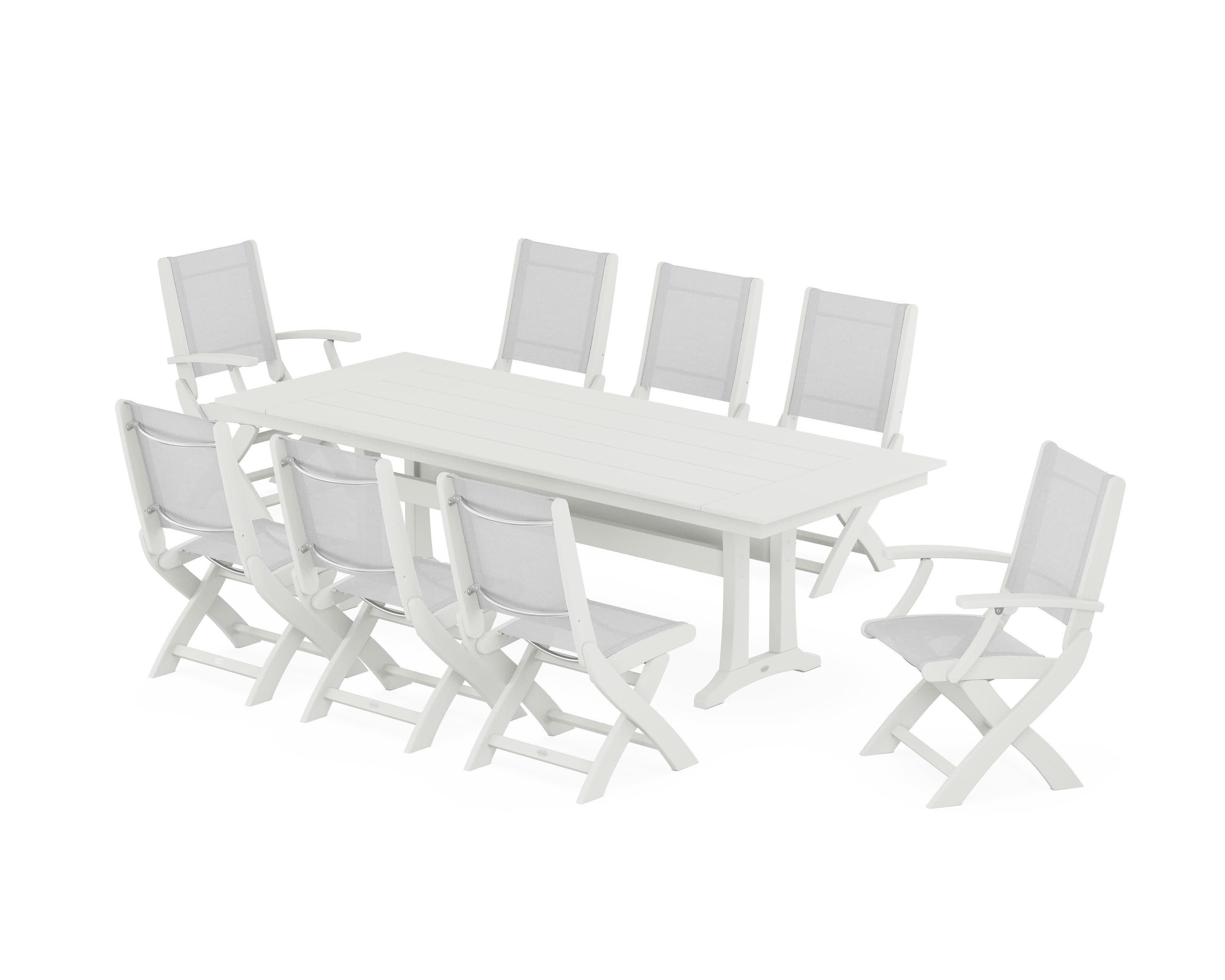 Coastal 9-Piece Folding Dining Chair Farmhouse Dining Set with Trestle Legs in Vintage White / White Sling