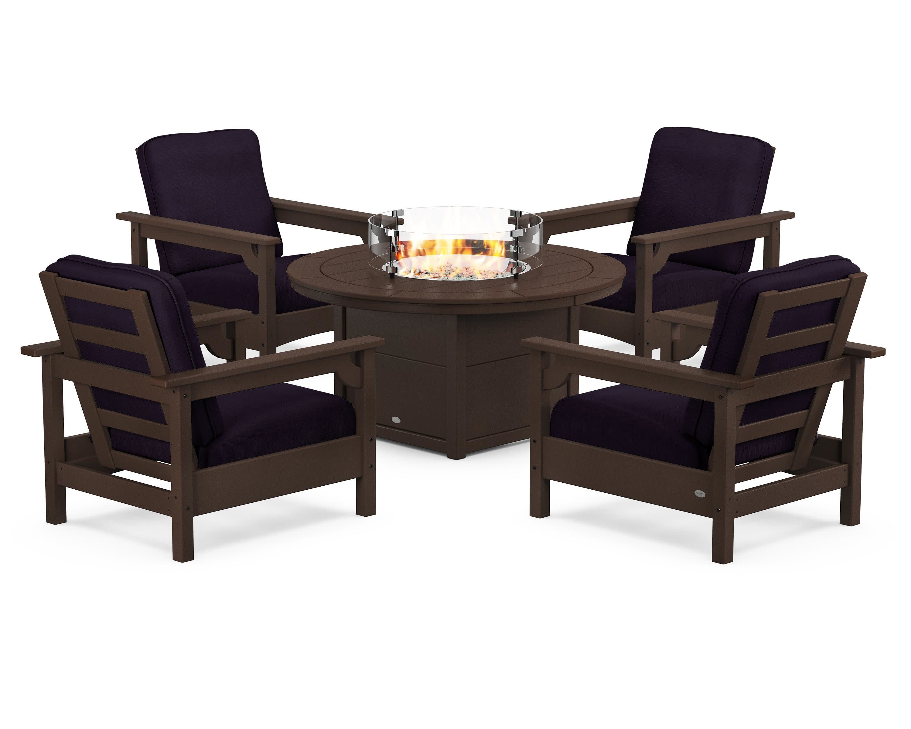 Club 5-Piece Conversation Set with Fire Pit Table in Mahogany / Navy Linen