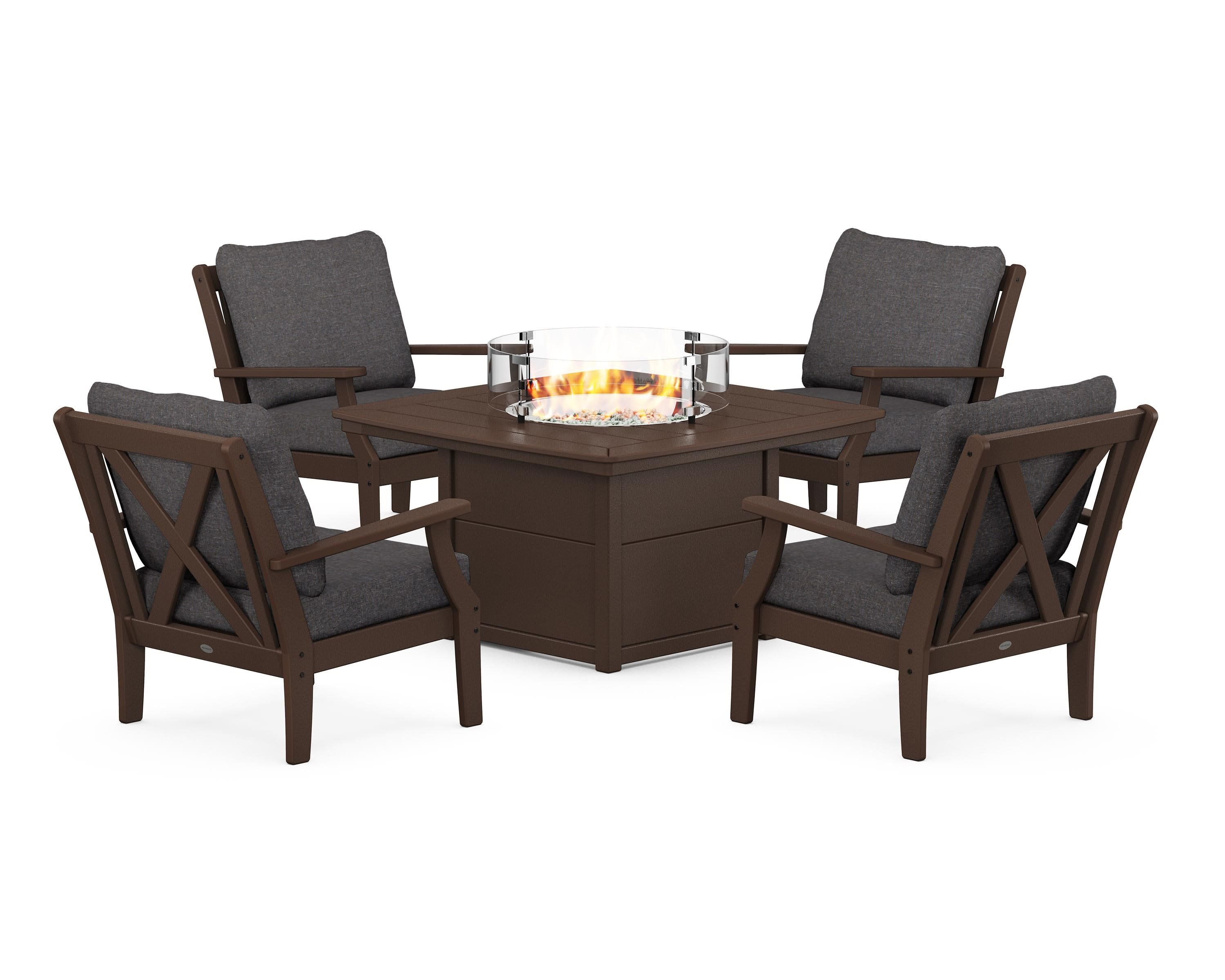 Braxton 5-Piece Deep Seating Conversation Set with Fire Pit Table in Mahogany / Ash Charcoal