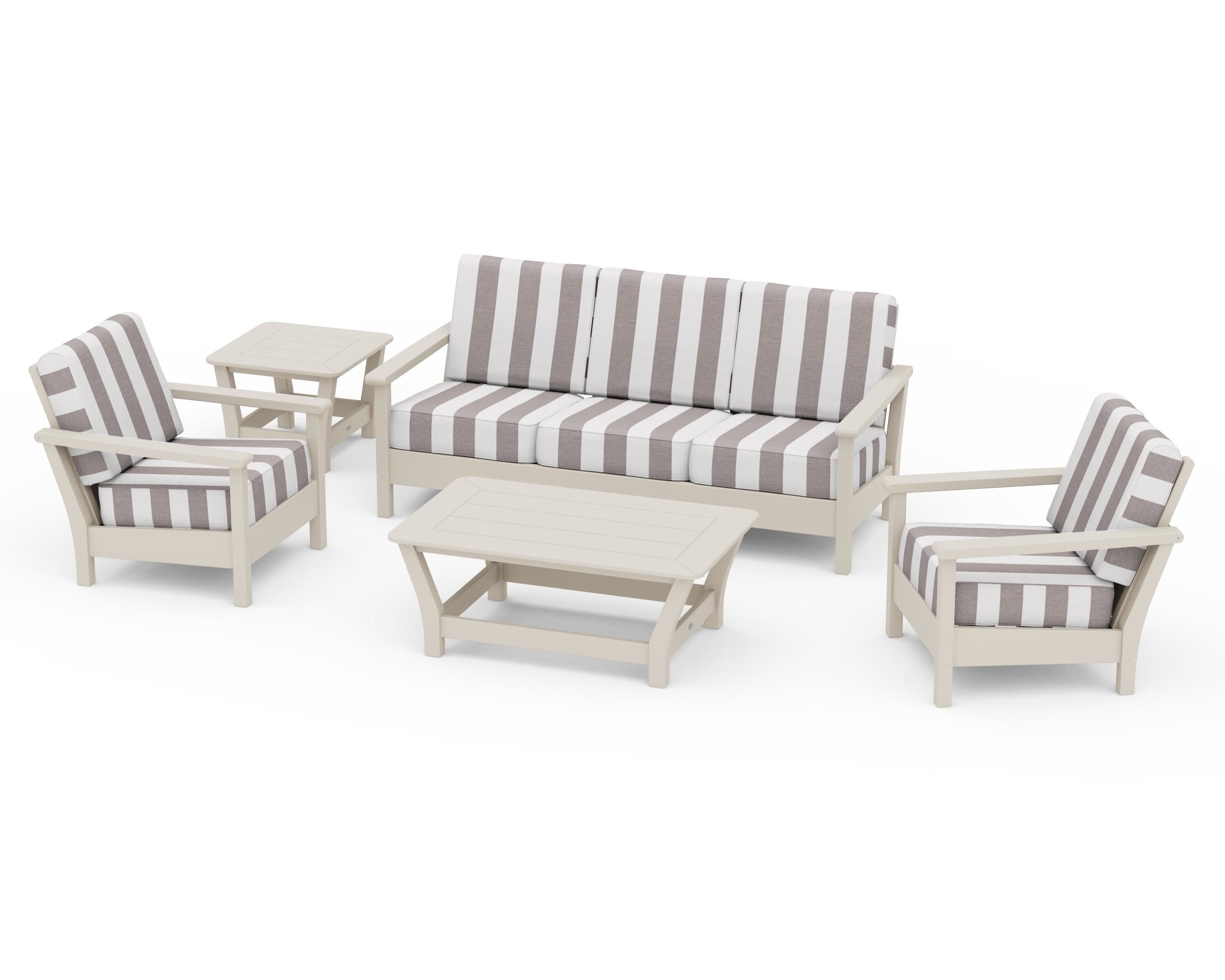 Harbour 5-Piece Deep Seating Set in Sand / Cabana Stripe Grey Mist