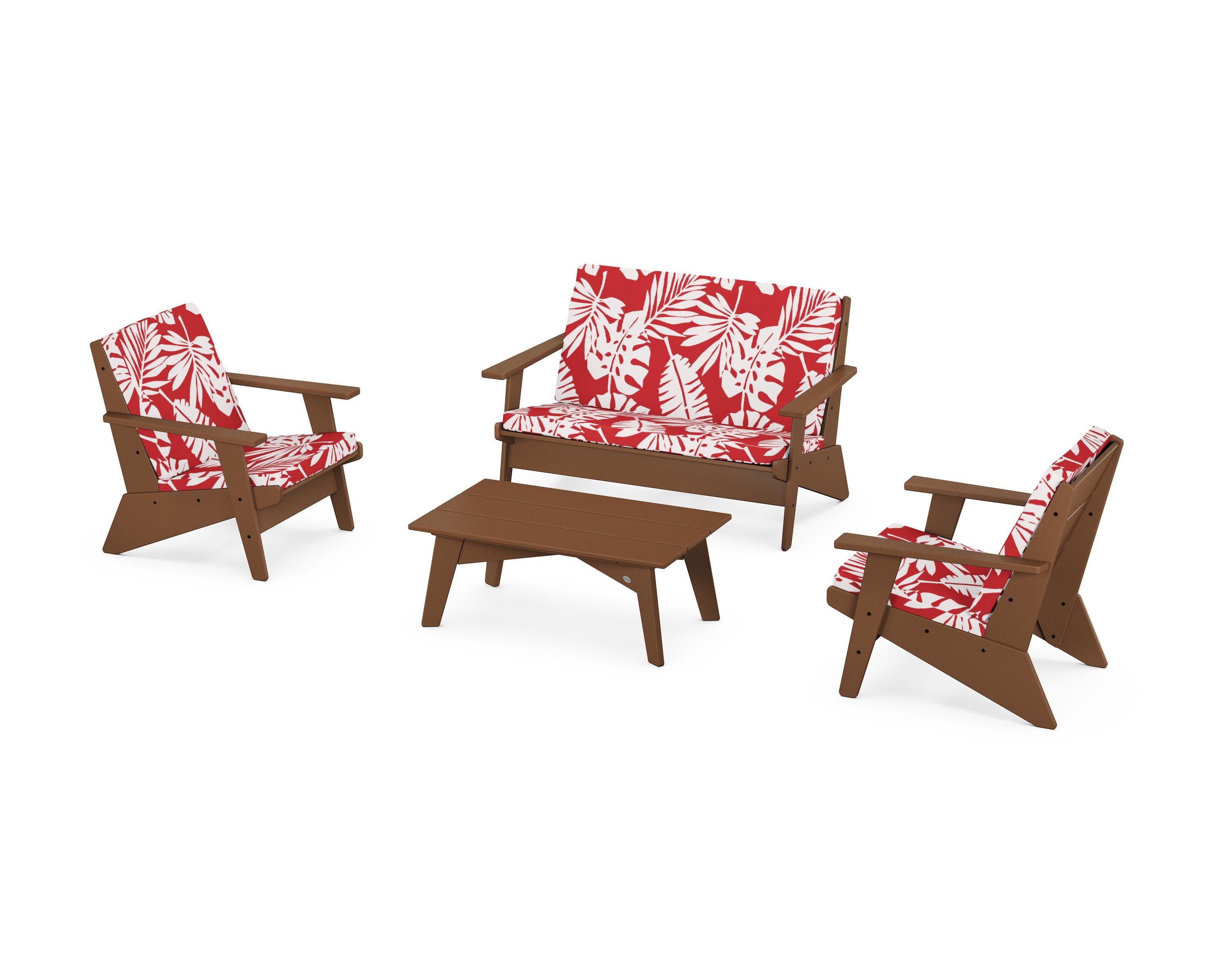 Riviera Modern Lounge 4-Piece Set in Teak / Leaf Crimson