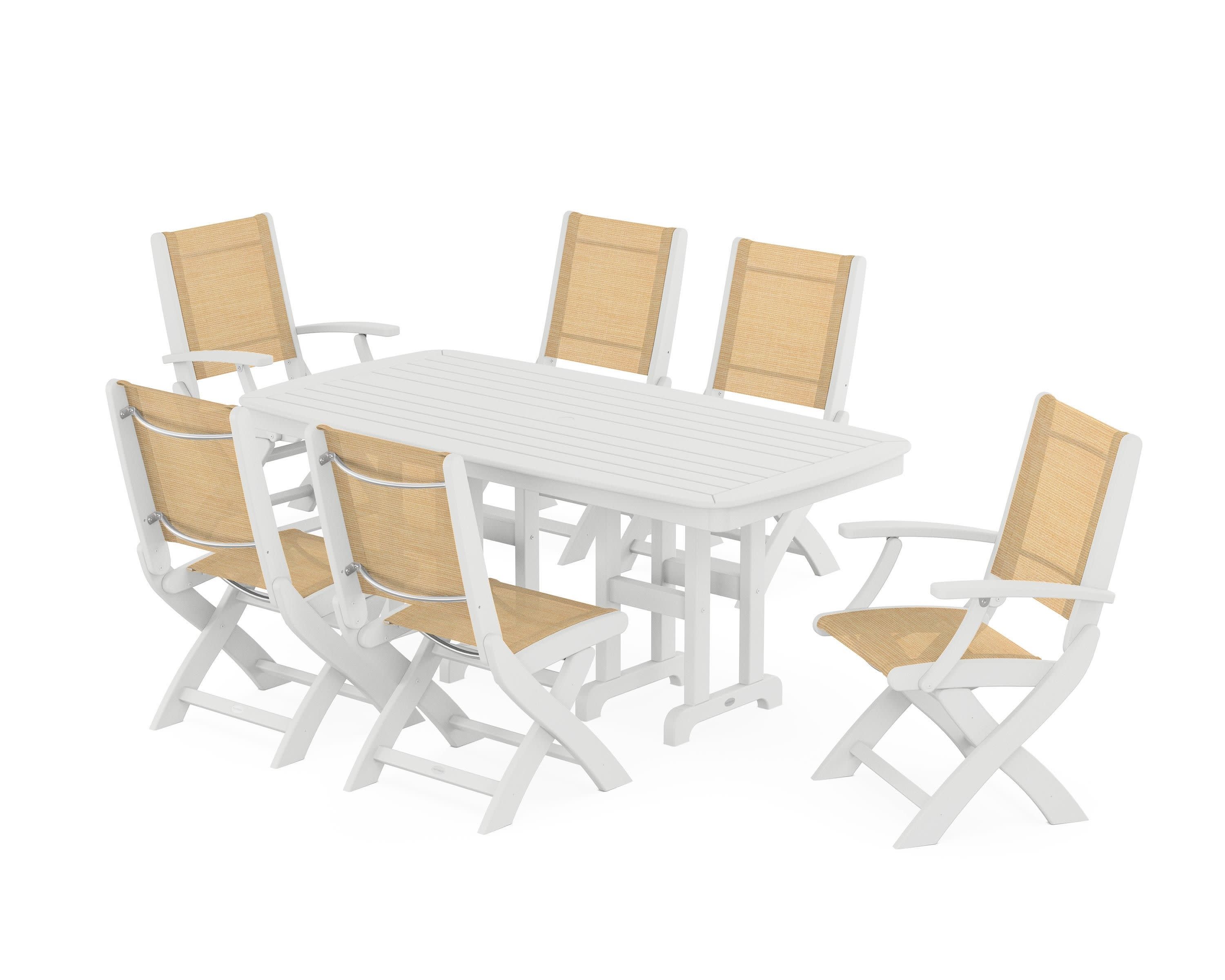 Coastal Folding Chair 7-Piece Dining Set in White / Dupioni Apricot Sling