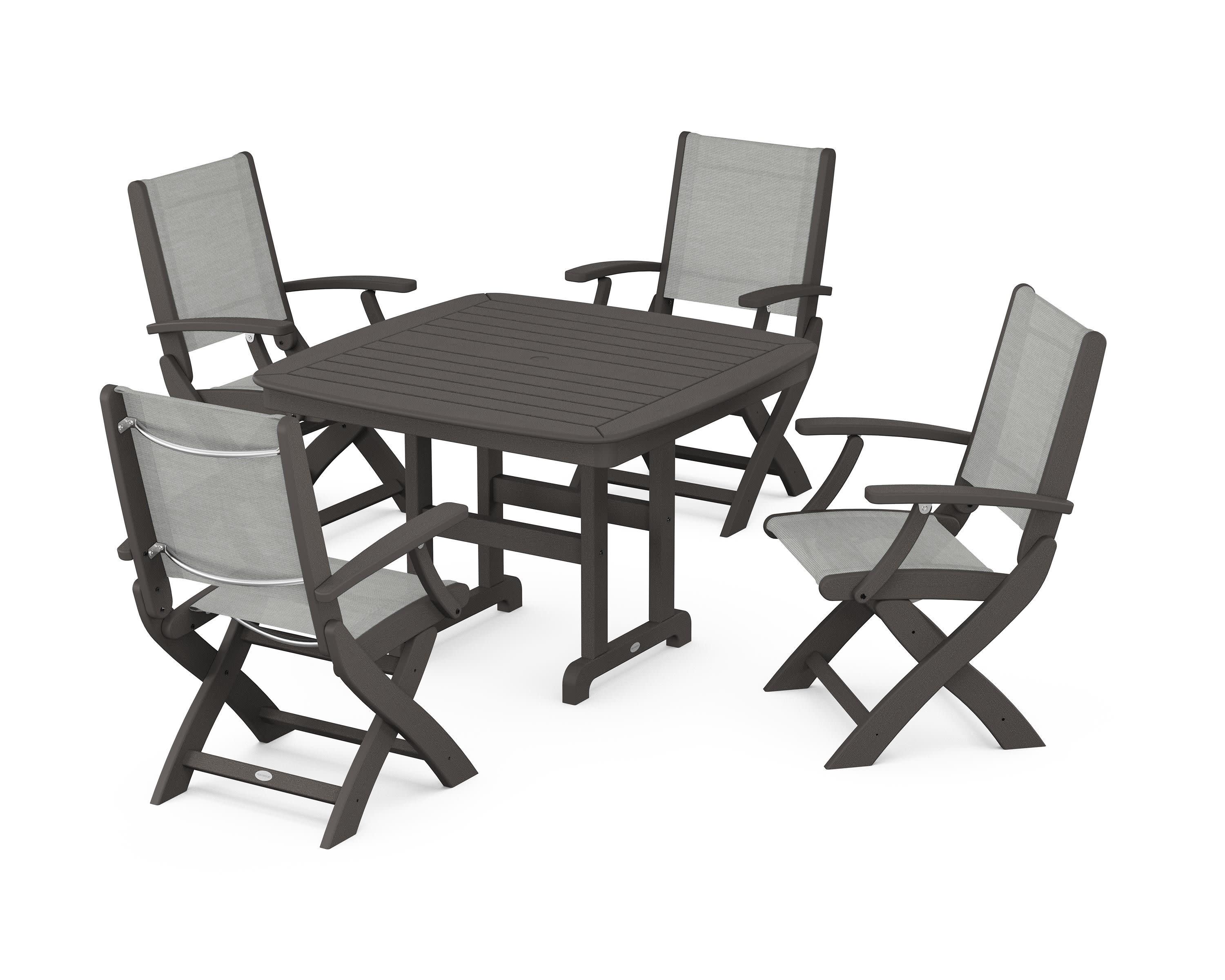 Coastal Folding Chair 5-Piece Dining Set in Vintage Coffee / Metallic Sling