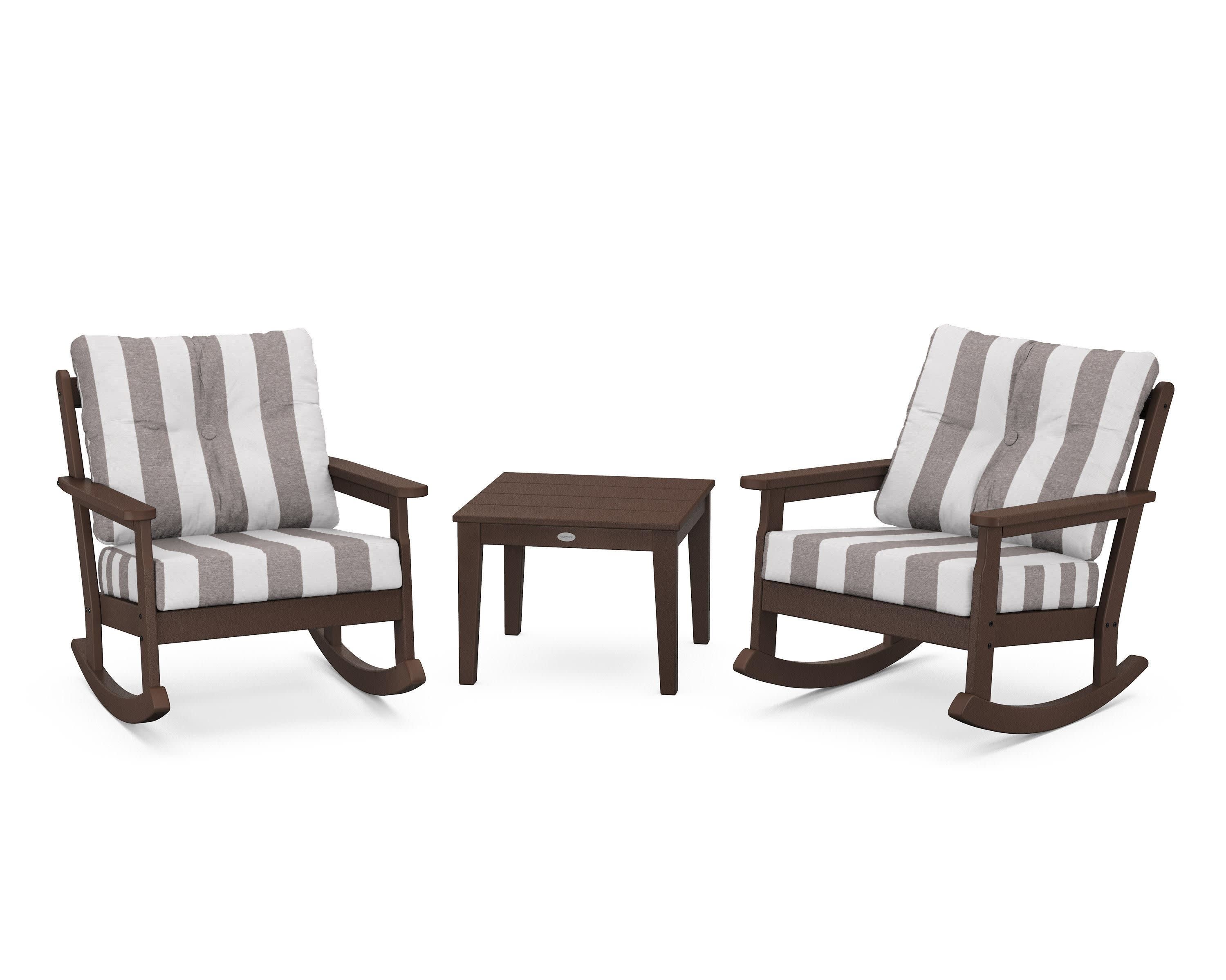 Vineyard 3-Piece Deep Seating Rocker Set in Mahogany / Cabana Stripe Grey Mist