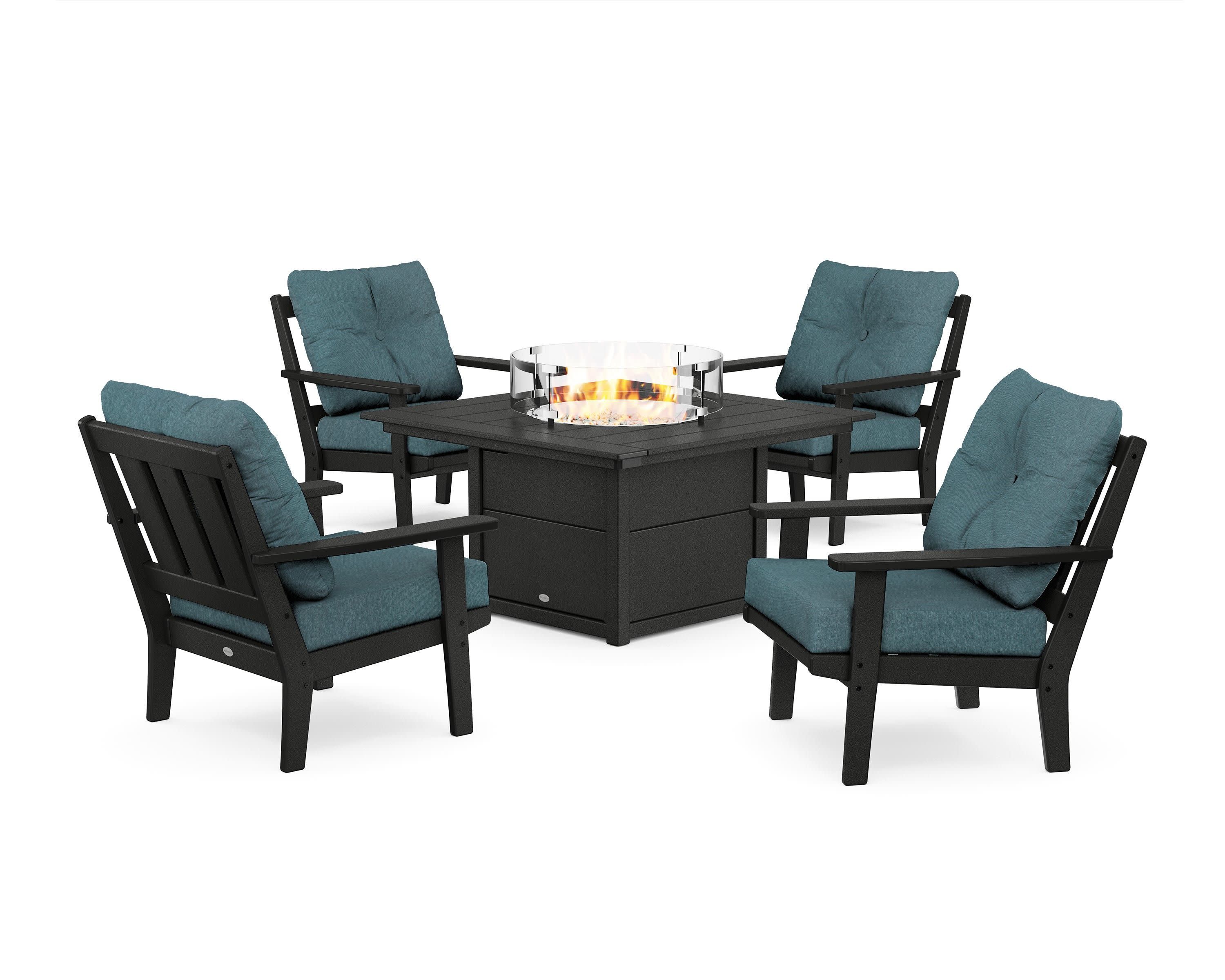 Oxford 5-Piece Deep Seating Set with Fire Pit Table in Black / Ocean Teal