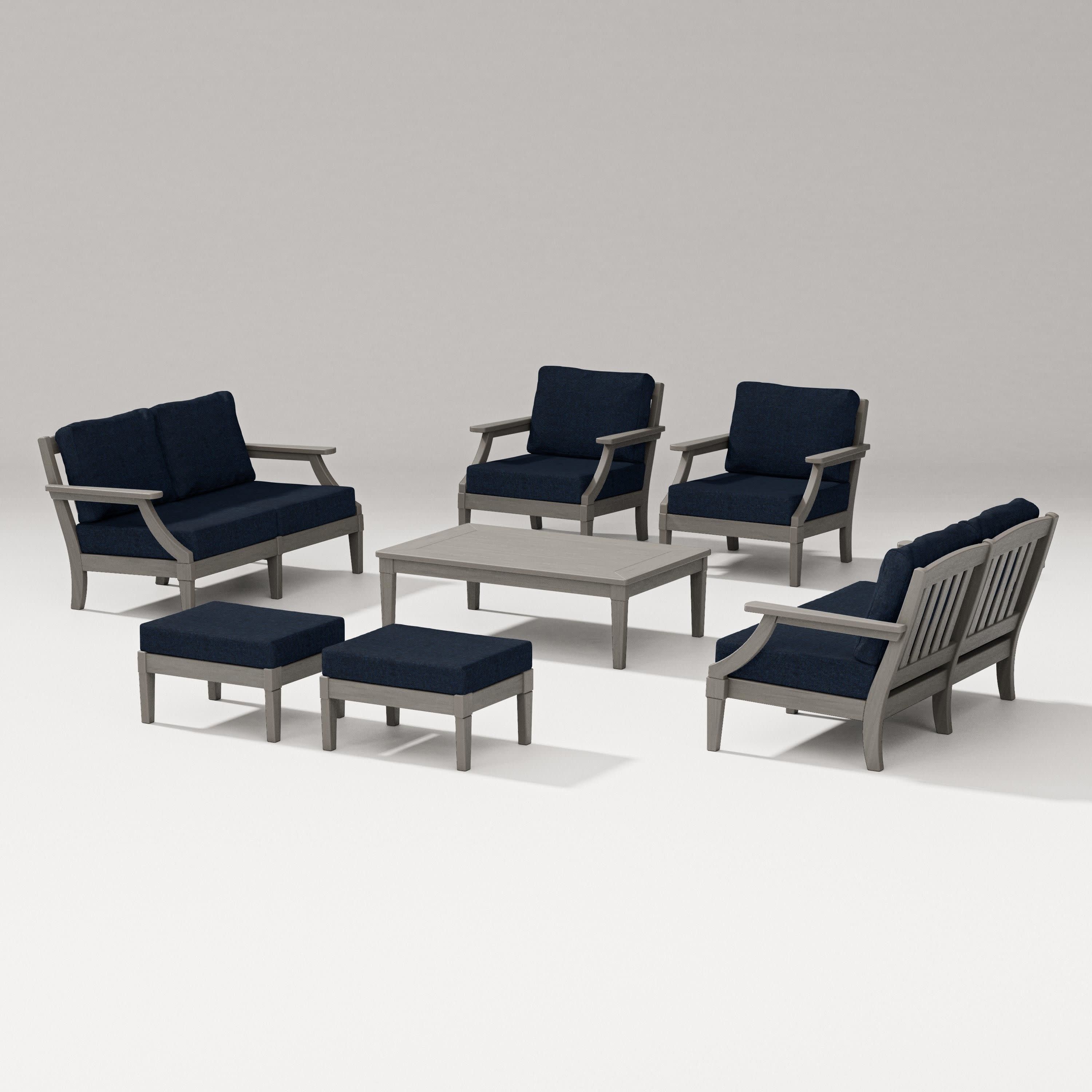 Estate 7-Piece Lounge Loveseat Set in Driftwood / Marine Indigo