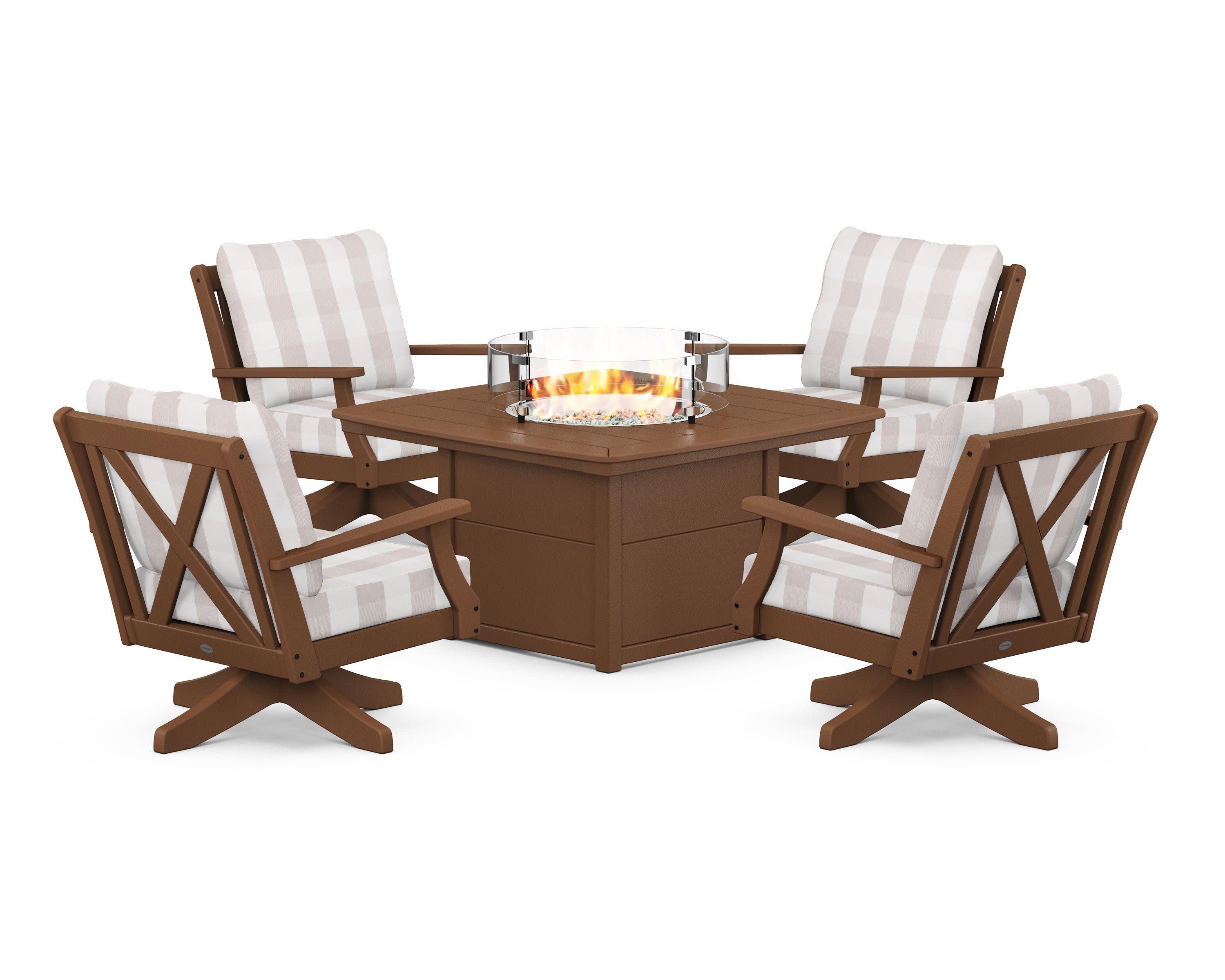 Braxton 5-Piece Deep Seating Swivel Conversation Set with Fire Pit Table in Teak / Buffalo Plaid Dune Burlap