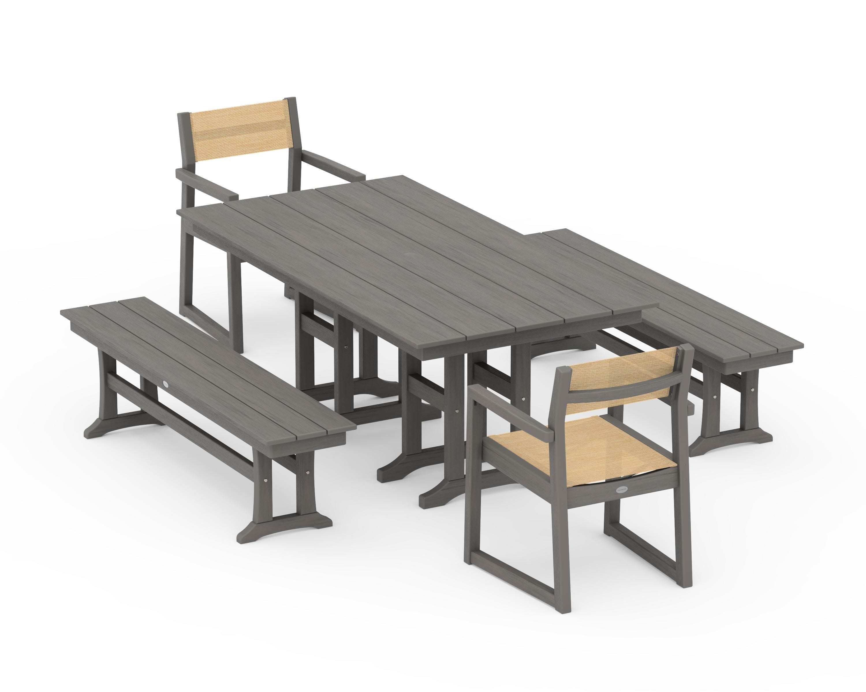 EDGE Sling Arm Chair 5-Piece Farmhouse Dining Set with Benches in Driftwood / Dupioni Apricot Sling