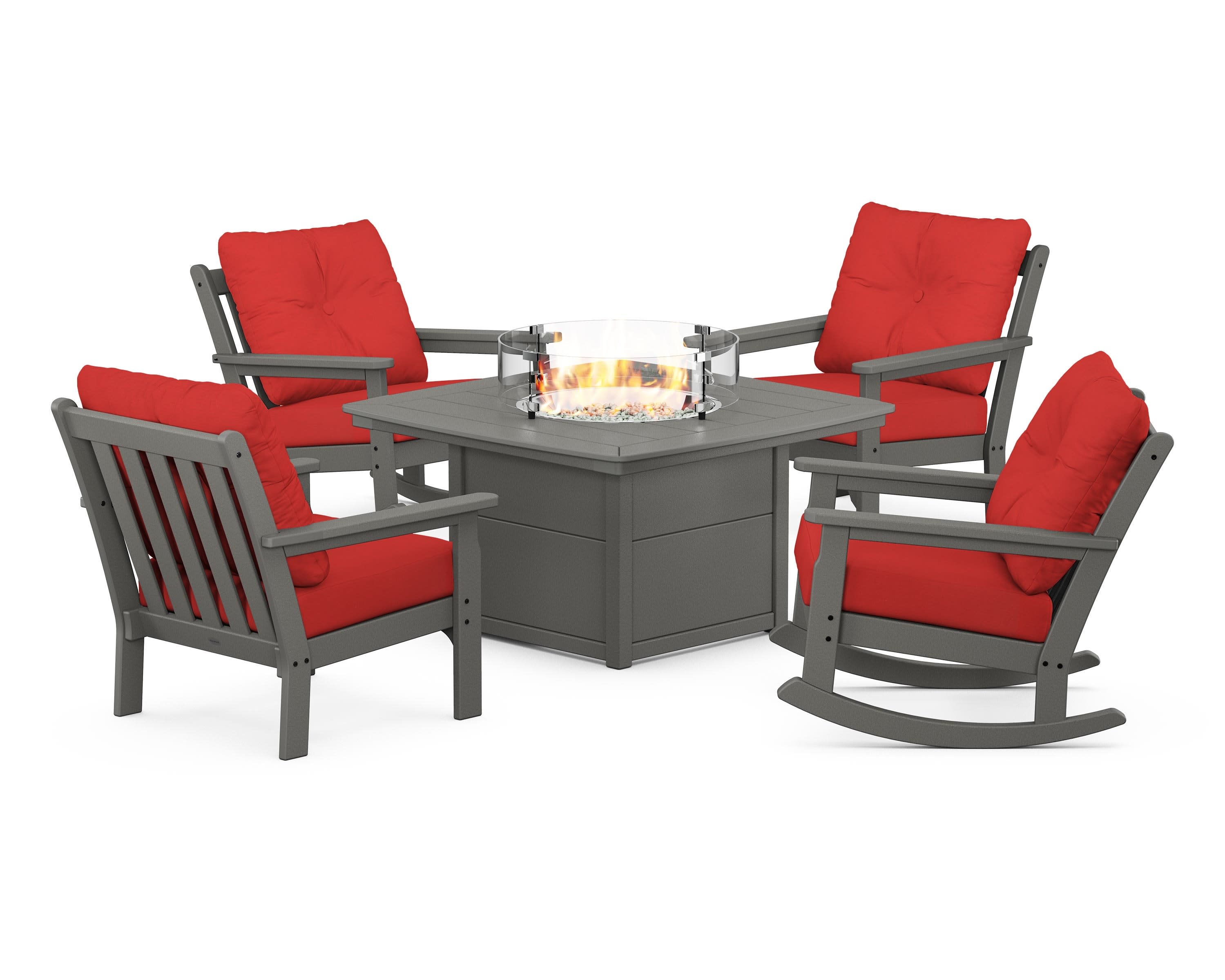 Vineyard 5-Piece Deep Seating Rocking Chair Conversation Set with Fire Pit Table in Slate Grey / Crimson Linen