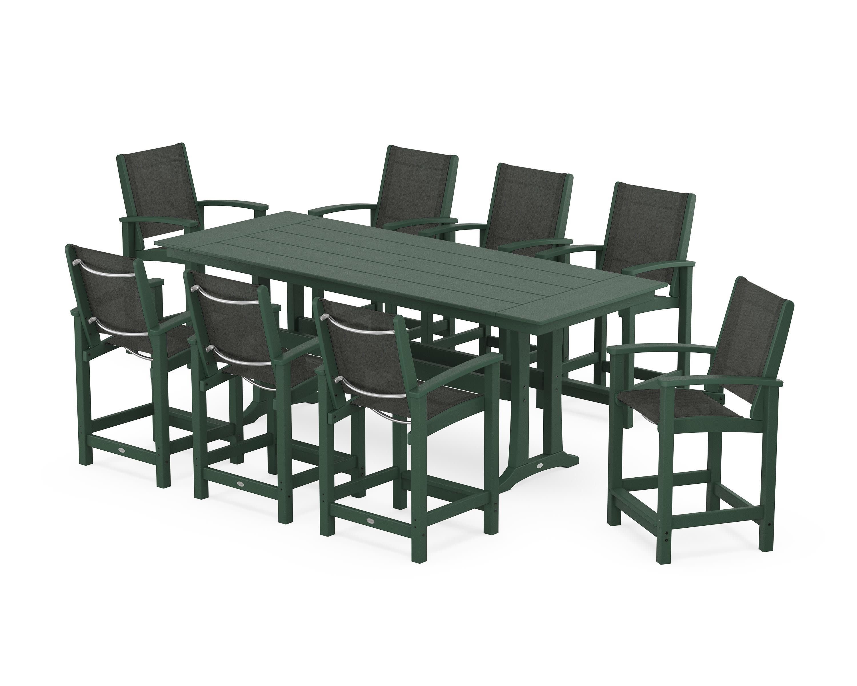 Coastal 9-Piece Farmhouse Counter Set with Trestle Legs in Green / Ember Sling