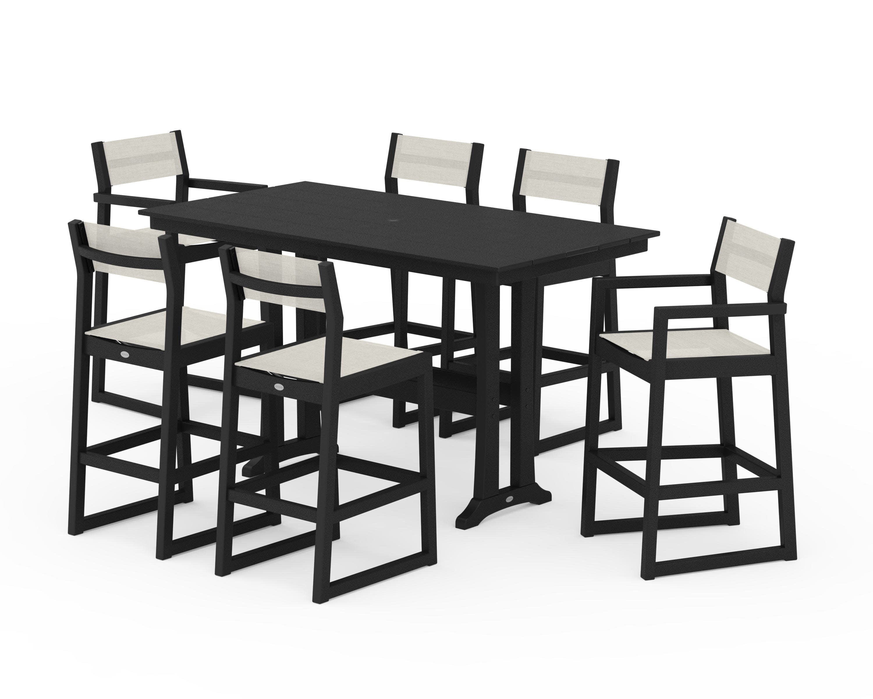 EDGE Sling 7-Piece Farmhouse Bar Set with Trestle Legs in Black / Parchment Sling