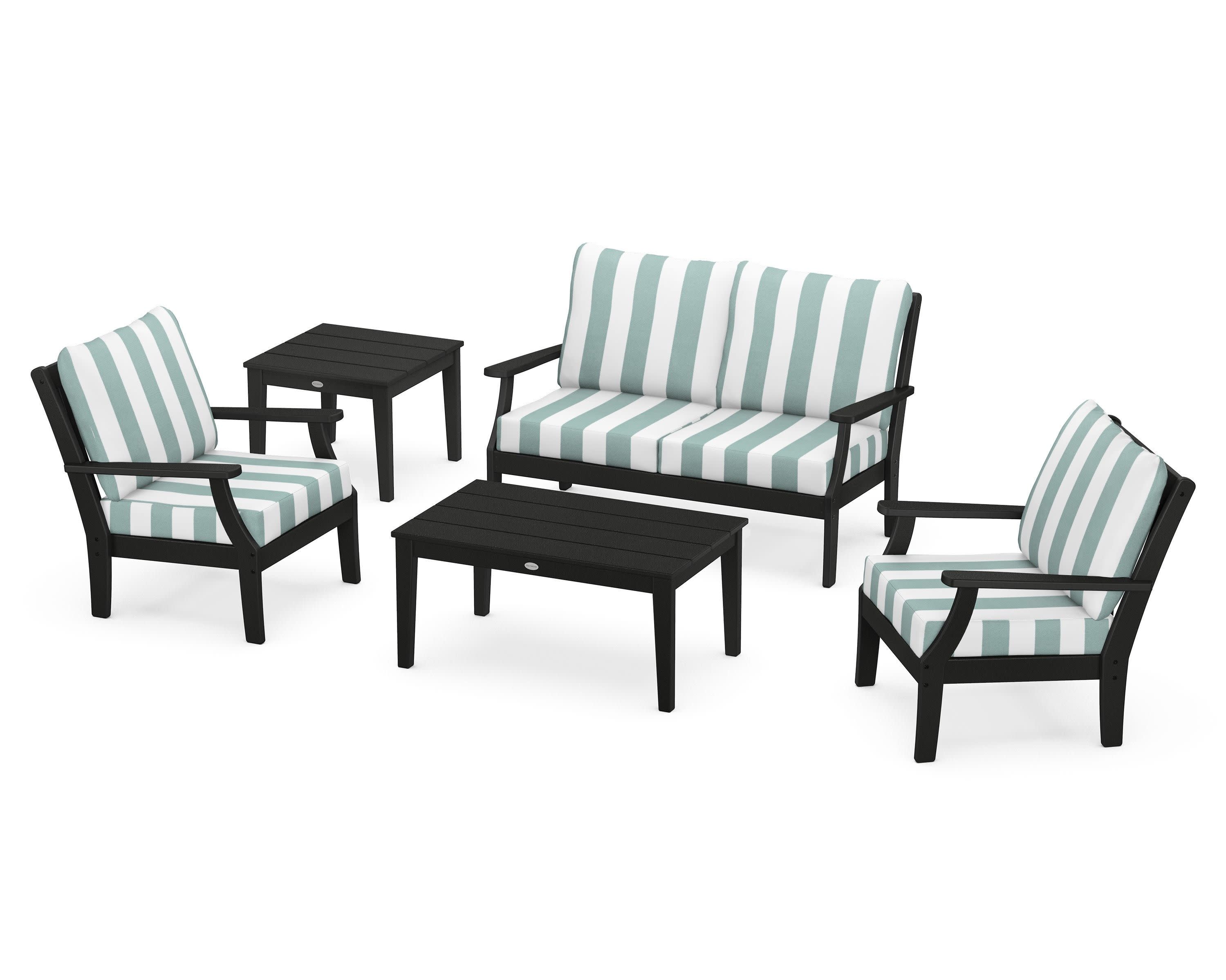 Braxton 5-Piece Deep Seating Set in Black / Cabana Stripe Glacier Spa