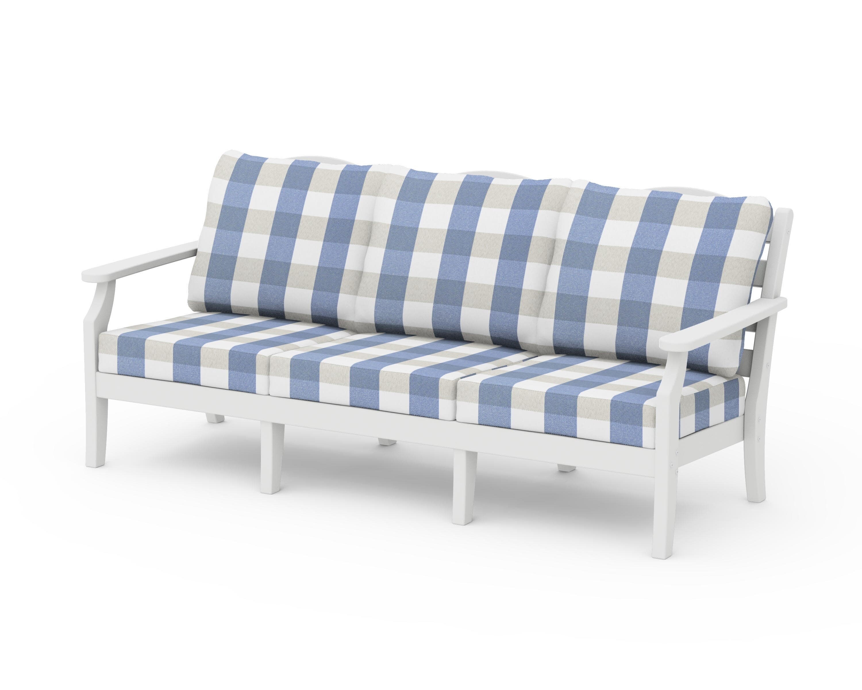 Savannah Deep Seating Sofa in White / Buffalo Plaid Sky Blue