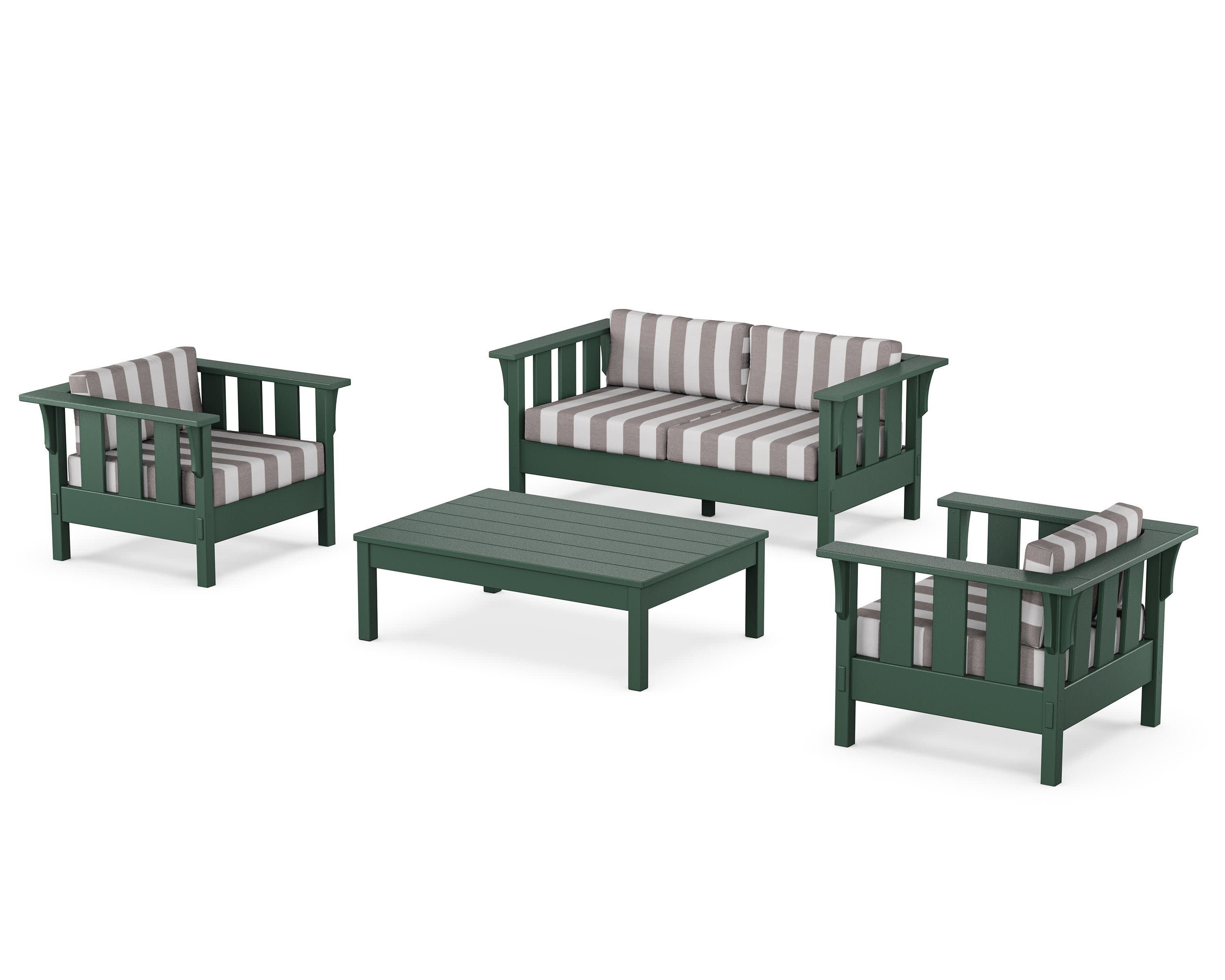 Acadia 4-Piece Deep Seating Set with Loveseat in Green / Cabana Stripe Grey Mist
