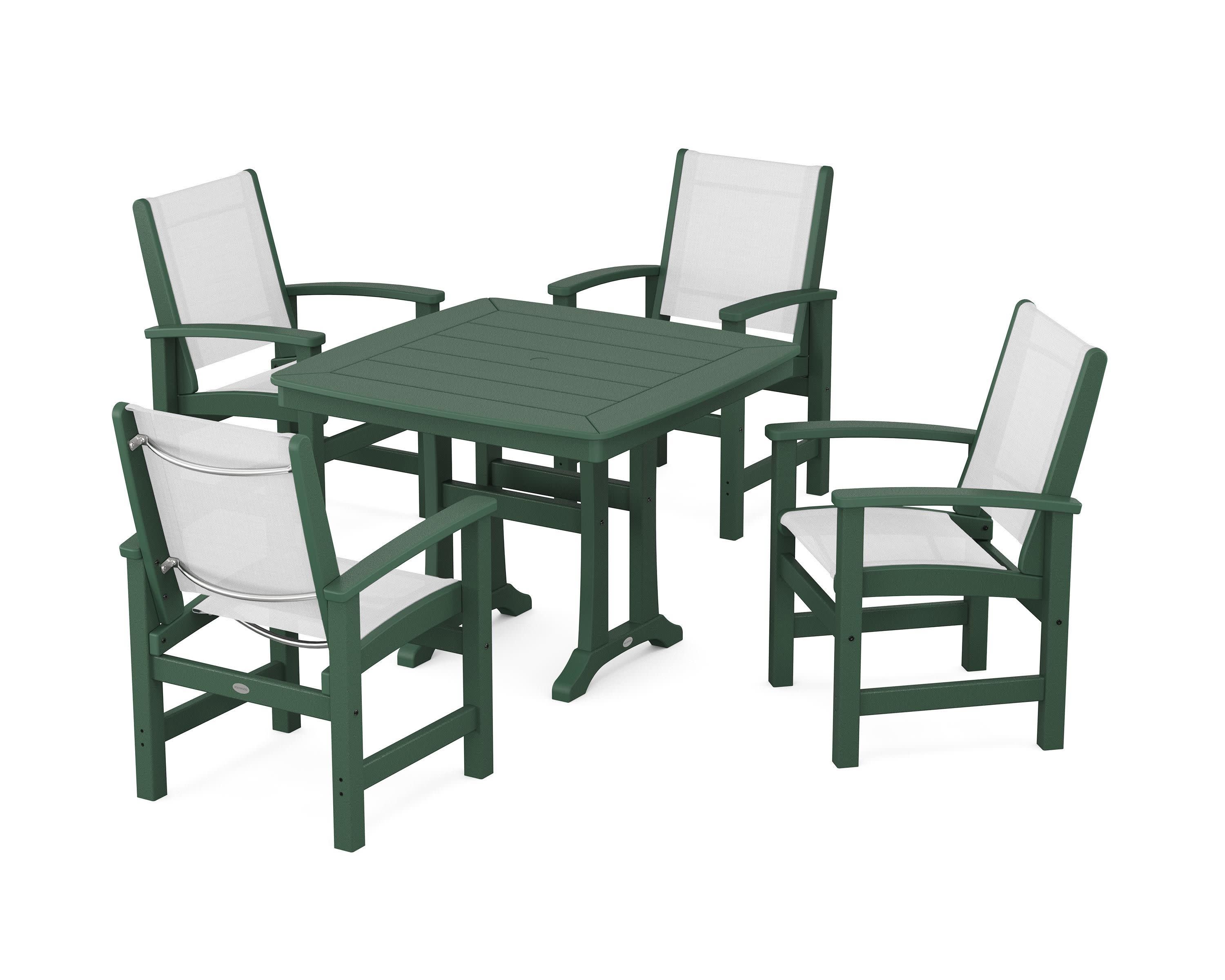 Coastal 5-Piece Dining Set with Trestle Legs in Green / White Sling